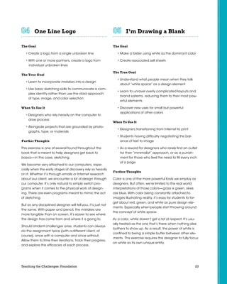 23Teaching the Challenges: Foundation
One Line Logo	 	 	 	 	 	
The Goal
• Create a logo from a single unbroken line
• With one or more partners, create a logo from
individual unbroken lines
The True Goal
• Learn to incorporate mistakes into a design
• Use basic sketching skills to communicate a com-
plex identity rather than use the staid approach
of type, image, and color selection
When To Use It
• Designers who rely heavily on the computer to
drive process
• Alongside projects that are grounded by photo-
graphs, type, or materials
Further Thoughts
This exercise is one of several found throughout the
book that is meant to help designers get back to
basics—in this case, sketching.
We become very attached to our computers, espe-
cially when the early stages of discovery rely so heavily
on it. Whether it’s through emails or Internet research
about our client, we encounter a lot of design through
our computer. It’s only natural to simply switch pro-
grams when it comes to the physical work of design-
ing. There are even programs meant to mimic the act
of sketching.
But as any disciplined designer will tell you, it’s just not
the same. With paper and pencil, the mistakes are
more tangible than on screen. It’s easier to see where
the design has come from and where it is going to.
Should strident challenges arise, students can always
do the assignment twice (with a different client, of
course), once with a computer and once without.
Allow them to time their iterations, track their progress,
and explore the efficacies of each process.
I’m Drawing a Blank	 	 	 	 	 	
The Goal
• Make a folder using white as the dominant color
• Create associated sell sheets
The True Goal
• Understand what people mean when they talk
about “white space” as a design element
• Learn to unravel overly complicated layouts and
brand systems, reducing them to their most pow-
erful elements
• Discover new uses for small but powerful
applications of other colors
When To Use It
• Designers transitioning from Internet to print
• Students having difficulty negotiating the bal-
ance of text to image
• As a reward for designers who rarely find an outlet
for their “minimalist” approach, or as a punish-
ment for those who feel the need to fill every inch
of a page
Further Thoughts
Color is one of the more powerful tools we employ as
designers. But often, we’re limited to the real world
interpretations of those colors—grass is green, skies
are blue. With color being constantly attached to
images illustrating reality, it’s easy for students to for-
get about red, green, and white as pure design ele-
ments. Especially when people start throwing around
the concept of white space.
As a color, white doesn’t get a lot of respect. It’s usu-
ally treated as the one that’s there when nothing else
bothers to show up. As a result, the power of white is
confined to being a simple buffer between other ele-
ments. This exercise requires the designer to fully focus
on white as its own unique entity.
 