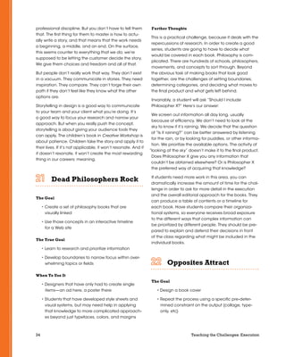 34 Teaching the Challenges: Execution
professional discipline. But you don’t have to tell them
that. The first thing for them to master is how to actu-
ally write a story, and that means that the work needs
a beginning, a middle, and an end. On the surface,
this seems counter to everything that we do; we’re
supposed to be letting the customer decide the story.
We give them choices and freedom and all of that.
But people don’t really work that way. They don’t exist
in a vacuum. They communicate in stories. They need
inspiration. They compare. They can’t forge their own
path if they don’t feel like they know what the other
options are.
Storytelling in design is a good way to communicate
to your team and your client what you’re doing. It’s
a good way to focus your research and narrow your
approach. But when you really push the concept,
storytelling is about giving your audience tools they
can apply. The children’s book in Creative Workshop is
about patience. Children take the story and apply it to
their lives. If it’s not applicable, it won’t resonate. And if
it doesn’t resonate, it won’t create the most rewarding
thing in our careers: meaning.
Dead Philosophers Rock	 	 	 	 	 	
The Goal
• Create a set of philosophy books that are
visually linked
• Use those concepts in an interactive timeline
for a Web site
The True Goal
• Learn to research and prioritize information
• Develop boundaries to narrow focus within over-
whelming topics or fields
When To Use It
• Designers that have only had to create single
items—an ad here, a poster there
• Students that have developed style sheets and
visual systems, but may need help in applying
that knowledge to more complicated approach-
es beyond just typefaces, colors, and margins
Further Thoughts
This is a practical challenge, because it deals with the
repercussions of research. In order to create a good
series, students are going to have to decide what
would be covered in each book. Philosophy is com-
plicated. There are hundreds of schools, philosophers,
movements, and concepts to sort through. Beyond
the obvious task of making books that look good
together, are the challenges of setting boundaries,
determining categories, and deciding what moves to
the final product and what gets left behind.
Invariably, a student will ask “Should I include
Philosopher X?” Here’s our answer:
We screen out information all day long, usually
because of efficiency. We don’t need to look at the
sky to know if it’s raining. We decide that the question
of “Is it raining?” can be better answered by listening
for the rain, or by looking for puddles, or other informa-
tion. We prioritize the available options. The activity of
“looking at the sky” doesn’t make it to the final product.
Does Philosopher X give you any information that
couldn’t be obtained elsewhere? Or is Philosopher X
the preferred way of acquiring that knowledge?
If students need more work in this area, you can
dramatically increase the amount of time for the chal-
lenge in order to ask for more detail in the execution
and the overall editorial approach for the books. They
can produce a table of contents or a timeline for
each book. Have students compare their organiza-
tional systems, so everyone receives broad exposure
to the different ways that complex information can
be prioritized by different people. They should be pre-
pared to explain and defend their decisions in front
of the class regarding what might be included in the
individual books.
Opposites Attract	 	 	 	 	 	
The Goal
• Design a book cover
• Repeat the process using a specific pre-deter-
mined constraint on the output (collage, type-
only, etc)
 