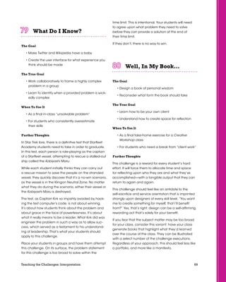 69Teaching the Challenges: Interpretation
What Do I Know?	 	 	 	 	 	
The Goal
• Make Twitter and Wikipedia have a baby
• Create the user interface for what experience you
think should be made
The True Goal
• Work collaboratively to frame a highly complex
problem in a group
• Learn to identify when a provided problem is wick-
edly complex
When To Use It
• As a final in-class “unsolvable problem”
• For students who consistently overestimate
their skills
Further Thoughts
In Star Trek lore, there is a definitive test that Starfleet
Academy students need to take in order to graduate.
In this test, each person is role-playing as the captain
of a Starfleet vessel, attempting to rescue a stalled-out
ship called the Kobiyashi Maru.
While each student initially thinks they can carry out
a rescue mission to save the people on the stranded
vessel, they quickly discover that it’s a no-win scenario,
as the vessel is in the Klingon Neutral Zone. No matter
what they do during the scenario, either their vessel or
the Kobiyashi Maru is destroyed.
The test, as Captain Kirk so impishly avoided by hack-
ing the test computer’s code, is not about winning.
It’s about how students think about the problem and
about grace in the face of powerlessness. It’s about
what it really means to be a leader. What Kirk did was
engineer the problem in such a way as to allow suc-
cess, which served as a testament to his understand-
ing of leadership. That’s what your students should
apply to this challenge.
Place your students in groups and have them attempt
this challenge. On its surface, the problem statement
for this challenge is too broad to solve within the
time limit. This is intentional. Your students will need
to agree upon what problem they need to solve
before they can provide a solution at the end of
their time limit.
If they don’t, there is no way to win.
Well, In My Book…	 	 	 	 	 	
The Goal
• Design a book of personal wisdom
• Reconsider what form the book should take
The True Goal
• Learn how to be your own client
• Understand how to create space for reflection
When To Use It
• As a final take-home exercise for a Creative
Workshop class
• For students who need a break from “client work”
Further Thoughts
This challenge is a reward for every student’s hard
effort. It will force them to allocate time and space
for reflecting upon who they are and what they’ve
accomplished—with a tangible output that they can
return to again and again.
This challenge should feel like an antidote to the
self-sacrifice and service orientation that is imprinted
strongly upon designers of every skill level. “You want
me to create something for myself, that I’ll benefit
from?” Yes, that’s right: design can be a self-affirming,
rewarding act that’s solely for your benefit.
If you fear that the subject matter may be too broad
for your class, consider this variant: have your class
generate books that highlight what they’d learned
over the course of the class. They can be illustrated
with a select number of the challenge executions.
Regardless of your approach, this should feel less like
a portfolio, and more like a manifesto.
 