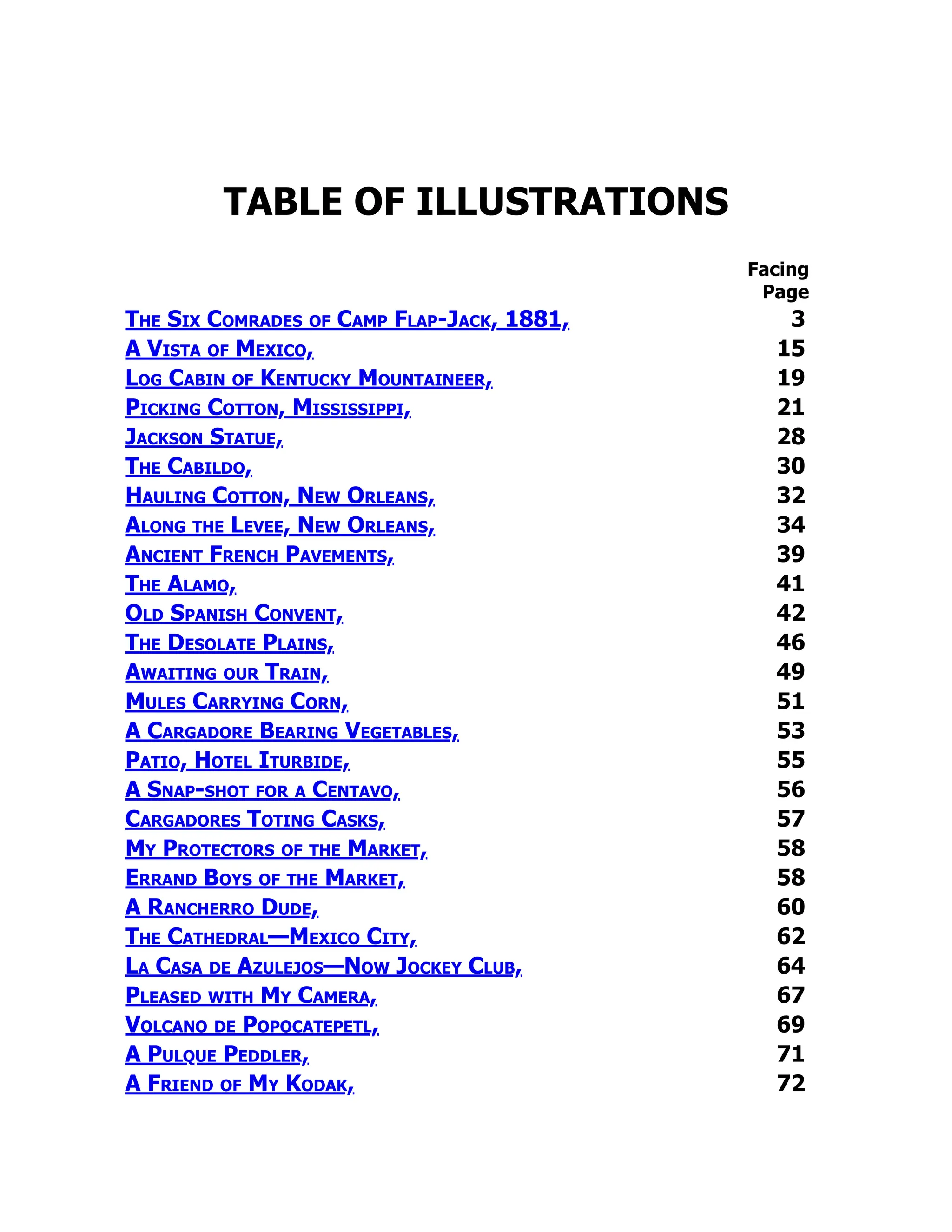 TABLE OF ILLUSTRATIONS
Facing
Page
The Six Comrades of Camp Flap-Jack, 1881, 3
A Vista of Mexico, 15
Log Cabin of Kentucky Mountaineer, 19
Picking Cotton, Mississippi, 21
Jackson Statue, 28
The Cabildo, 30
Hauling Cotton, New Orleans, 32
Along the Levee, New Orleans, 34
Ancient French Pavements, 39
The Alamo, 41
Old Spanish Convent, 42
The Desolate Plains, 46
Awaiting our Train, 49
Mules Carrying Corn, 51
A Cargadore Bearing Vegetables, 53
Patio, Hotel Iturbide, 55
A Snap-shot for a Centavo, 56
Cargadores Toting Casks, 57
My Protectors of the Market, 58
Errand Boys of the Market, 58
A Rancherro Dude, 60
The Cathedral—Mexico City, 62
La Casa de Azulejos—Now Jockey Club, 64
Pleased with My Camera, 67
Volcano de Popocatepetl, 69
A Pulque Peddler, 71
A Friend of My Kodak, 72
 