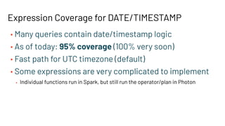 Expression Coverage for DATE/TIMESTAMP
• Many queries contain date/timestamp logic
• As of today: 95% coverage (100% very soon)
• Fast path for UTC timezone (default)
• Some expressions are very complicated to implement
• Individual functions run in Spark, but still run the operator/plan in Photon
 