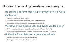 • Re-architected for the fastest performance on real-world
applications
• Native C++ engine for faster queries
• Custom built memory management to avoid JVM bottlenecks
• Vectorized: memory, instruction, and data parallelism (SIMD)
• Works with your existing code and avoids vendor lock-in
• 100% compatible with open source Spark DataFrame APIs and Spark SQL
• Transparent operation to users - no need to invoke something new, it just works
• Optimizing for all data use cases and workloads
• Today, supporting SQL and DataFrame workloads
• Coming soon, Streaming, Data Science, and more
Building the next generation query engine
 