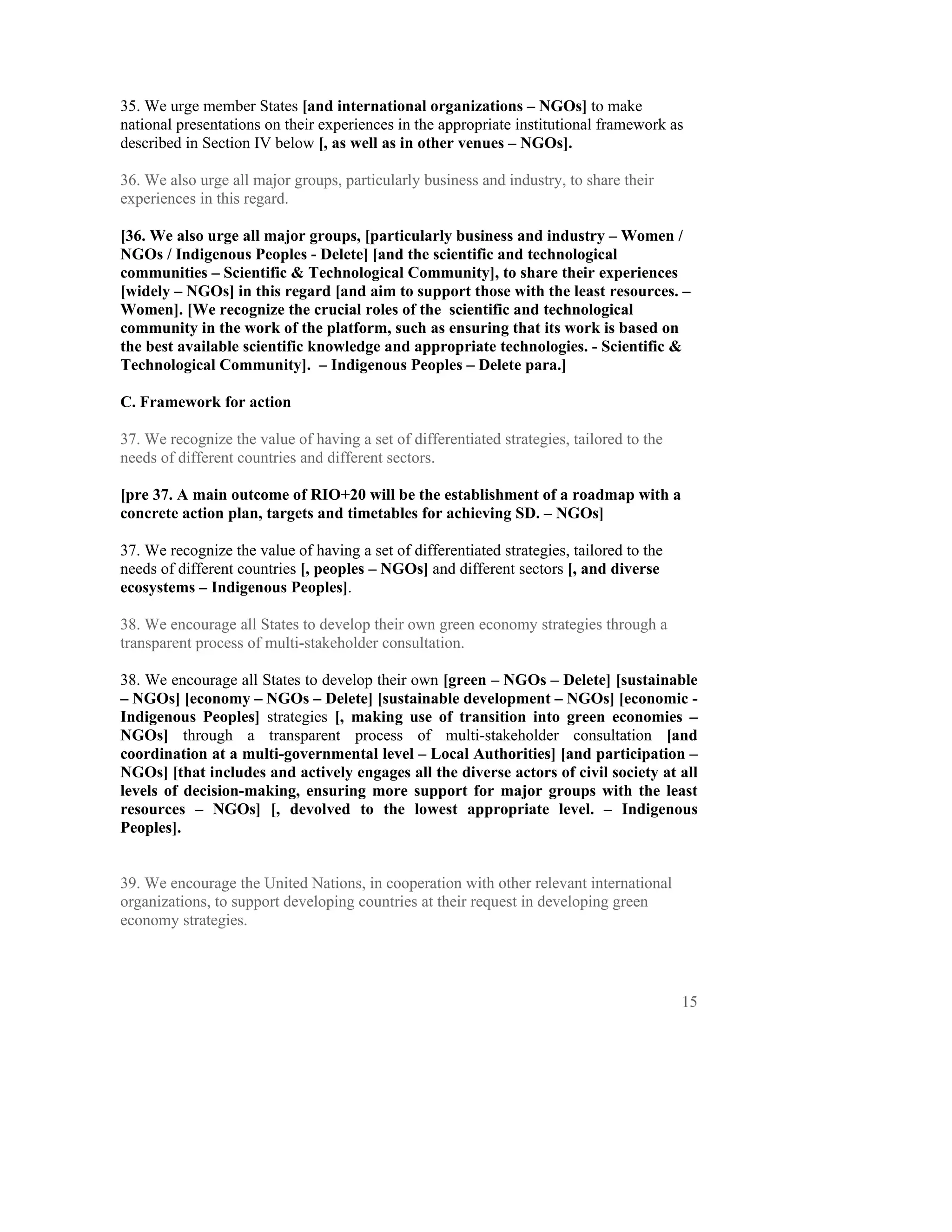 35. We urge member States [and international organizations – NGOs] to make
national presentations on their experiences in the appropriate institutional framework as
described in Section IV below [, as well as in other venues – NGOs].

36. We also urge all major groups, particularly business and industry, to share their
experiences in this regard.

[36. We also urge all major groups, [particularly business and industry – Women /
NGOs / Indigenous Peoples - Delete] [and the scientific and technological
communities – Scientific & Technological Community], to share their experiences
[widely – NGOs] in this regard [and aim to support those with the least resources. –
Women]. [We recognize the crucial roles of the scientific and technological
community in the work of the platform, such as ensuring that its work is based on
the best available scientific knowledge and appropriate technologies. - Scientific &
Technological Community]. – Indigenous Peoples – Delete para.]

C. Framework for action

37. We recognize the value of having a set of differentiated strategies, tailored to the
needs of different countries and different sectors.

[pre 37. A main outcome of RIO+20 will be the establishment of a roadmap with a
concrete action plan, targets and timetables for achieving SD. – NGOs]

37. We recognize the value of having a set of differentiated strategies, tailored to the
needs of different countries [, peoples – NGOs] and different sectors [, and diverse
ecosystems – Indigenous Peoples].

38. We encourage all States to develop their own green economy strategies through a
transparent process of multi-stakeholder consultation.

38. We encourage all States to develop their own [green – NGOs – Delete] [sustainable
– NGOs] [economy – NGOs – Delete] [sustainable development – NGOs] [economic -
Indigenous Peoples] strategies [, making use of transition into green economies –
NGOs] through a transparent process of multi-stakeholder consultation [and
coordination at a multi-governmental level – Local Authorities] [and participation –
NGOs] [that includes and actively engages all the diverse actors of civil society at all
levels of decision-making, ensuring more support for major groups with the least
resources – NGOs] [, devolved to the lowest appropriate level. – Indigenous
Peoples].


39. We encourage the United Nations, in cooperation with other relevant international
organizations, to support developing countries at their request in developing green
economy strategies.




                                                                                           15
 