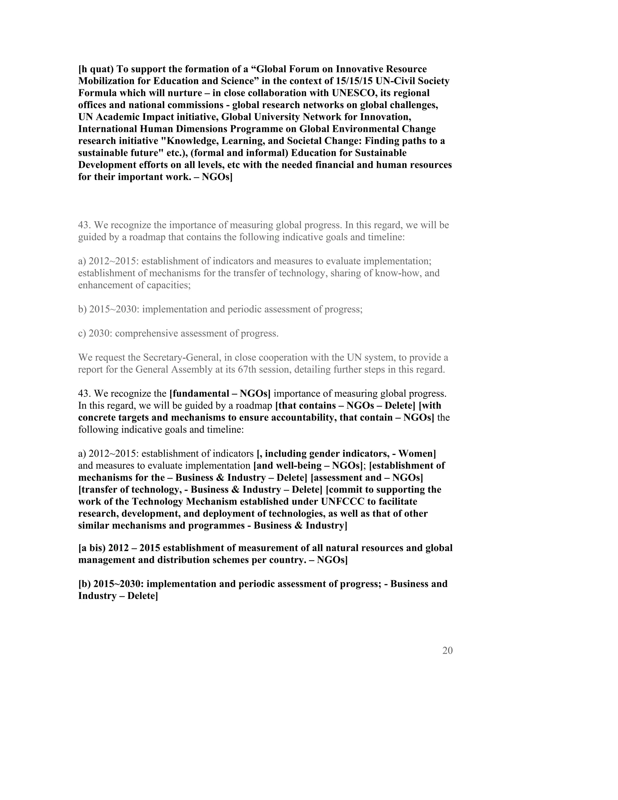 [h quat) To support the formation of a “Global Forum on Innovative Resource
Mobilization for Education and Science” in the context of 15/15/15 UN-Civil Society
Formula which will nurture – in close collaboration with UNESCO, its regional
offices and national commissions - global research networks on global challenges,
UN Academic Impact initiative, Global University Network for Innovation,
International Human Dimensions Programme on Global Environmental Change
research initiative "Knowledge, Learning, and Societal Change: Finding paths to a
sustainable future" etc.), (formal and informal) Education for Sustainable
Development efforts on all levels, etc with the needed financial and human resources
for their important work. – NGOs]



43. We recognize the importance of measuring global progress. In this regard, we will be
guided by a roadmap that contains the following indicative goals and timeline:

a) 2012~2015: establishment of indicators and measures to evaluate implementation;
establishment of mechanisms for the transfer of technology, sharing of know-how, and
enhancement of capacities;

b) 2015~2030: implementation and periodic assessment of progress;

c) 2030: comprehensive assessment of progress.

We request the Secretary-General, in close cooperation with the UN system, to provide a
report for the General Assembly at its 67th session, detailing further steps in this regard.

43. We recognize the [fundamental – NGOs] importance of measuring global progress.
In this regard, we will be guided by a roadmap [that contains – NGOs – Delete] [with
concrete targets and mechanisms to ensure accountability, that contain – NGOs] the
following indicative goals and timeline:

a) 2012~2015: establishment of indicators [, including gender indicators, - Women]
and measures to evaluate implementation [and well-being – NGOs]; [establishment of
mechanisms for the – Business & Industry – Delete] [assessment and – NGOs]
[transfer of technology, - Business & Industry – Delete] [commit to supporting the
work of the Technology Mechanism established under UNFCCC to facilitate
research, development, and deployment of technologies, as well as that of other
similar mechanisms and programmes - Business & Industry]

[a bis) 2012 – 2015 establishment of measurement of all natural resources and global
management and distribution schemes per country. – NGOs]

[b) 2015~2030: implementation and periodic assessment of progress; - Business and
Industry – Delete]




                                                                                          20
 
