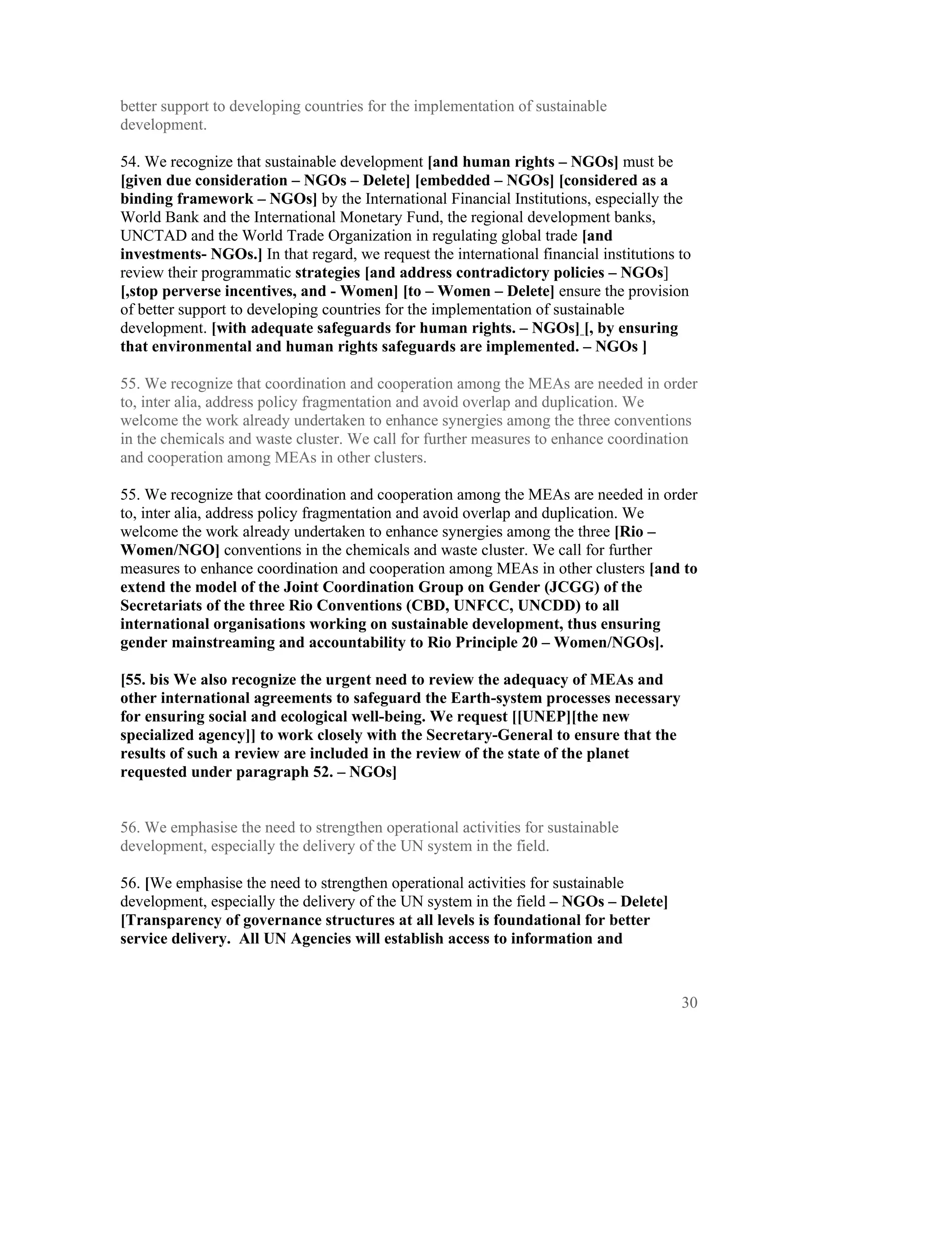 better support to developing countries for the implementation of sustainable
development.

54. We recognize that sustainable development [and human rights – NGOs] must be
[given due consideration – NGOs – Delete] [embedded – NGOs] [considered as a
binding framework – NGOs] by the International Financial Institutions, especially the
World Bank and the International Monetary Fund, the regional development banks,
UNCTAD and the World Trade Organization in regulating global trade [and
investments- NGOs.] In that regard, we request the international financial institutions to
review their programmatic strategies [and address contradictory policies – NGOs]
[,stop perverse incentives, and - Women] [to – Women – Delete] ensure the provision
of better support to developing countries for the implementation of sustainable
development. [with adequate safeguards for human rights. – NGOs] [, by ensuring
that environmental and human rights safeguards are implemented. – NGOs ]

55. We recognize that coordination and cooperation among the MEAs are needed in order
to, inter alia, address policy fragmentation and avoid overlap and duplication. We
welcome the work already undertaken to enhance synergies among the three conventions
in the chemicals and waste cluster. We call for further measures to enhance coordination
and cooperation among MEAs in other clusters.

55. We recognize that coordination and cooperation among the MEAs are needed in order
to, inter alia, address policy fragmentation and avoid overlap and duplication. We
welcome the work already undertaken to enhance synergies among the three [Rio –
Women/NGO] conventions in the chemicals and waste cluster. We call for further
measures to enhance coordination and cooperation among MEAs in other clusters [and to
extend the model of the Joint Coordination Group on Gender (JCGG) of the
Secretariats of the three Rio Conventions (CBD, UNFCC, UNCDD) to all
international organisations working on sustainable development, thus ensuring
gender mainstreaming and accountability to Rio Principle 20 – Women/NGOs].

[55. bis We also recognize the urgent need to review the adequacy of MEAs and
other international agreements to safeguard the Earth-system processes necessary
for ensuring social and ecological well-being. We request [[UNEP][the new
specialized agency]] to work closely with the Secretary-General to ensure that the
results of such a review are included in the review of the state of the planet
requested under paragraph 52. – NGOs]


56. We emphasise the need to strengthen operational activities for sustainable
development, especially the delivery of the UN system in the field.

56. [We emphasise the need to strengthen operational activities for sustainable
development, especially the delivery of the UN system in the field – NGOs – Delete]
[Transparency of governance structures at all levels is foundational for better
service delivery. All UN Agencies will establish access to information and


                                                                                        30
 
