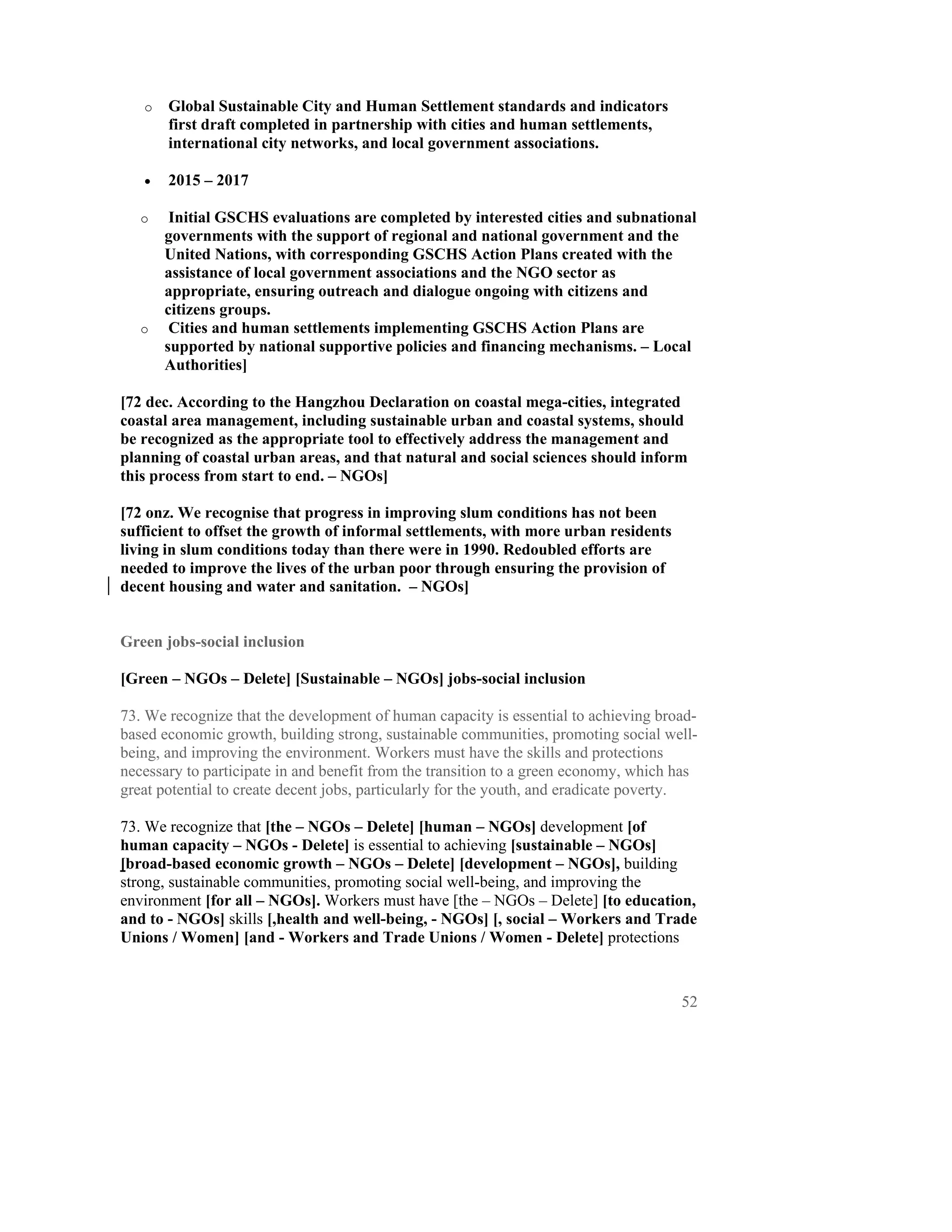 o   Global Sustainable City and Human Settlement standards and indicators
       first draft completed in partnership with cities and human settlements,
       international city networks, and local government associations.

   •   2015 – 2017

   o    Initial GSCHS evaluations are completed by interested cities and subnational
       governments with the support of regional and national government and the
       United Nations, with corresponding GSCHS Action Plans created with the
       assistance of local government associations and the NGO sector as
       appropriate, ensuring outreach and dialogue ongoing with citizens and
       citizens groups.
   o    Cities and human settlements implementing GSCHS Action Plans are
       supported by national supportive policies and financing mechanisms. – Local
       Authorities]

[72 dec. According to the Hangzhou Declaration on coastal mega-cities, integrated
coastal area management, including sustainable urban and coastal systems, should
be recognized as the appropriate tool to effectively address the management and
planning of coastal urban areas, and that natural and social sciences should inform
this process from start to end. – NGOs]

[72 onz. We recognise that progress in improving slum conditions has not been
sufficient to offset the growth of informal settlements, with more urban residents
living in slum conditions today than there were in 1990. Redoubled efforts are
needed to improve the lives of the urban poor through ensuring the provision of
decent housing and water and sanitation. – NGOs]


Green jobs-social inclusion

[Green – NGOs – Delete] [Sustainable – NGOs] jobs-social inclusion

73. We recognize that the development of human capacity is essential to achieving broad-
based economic growth, building strong, sustainable communities, promoting social well-
being, and improving the environment. Workers must have the skills and protections
necessary to participate in and benefit from the transition to a green economy, which has
great potential to create decent jobs, particularly for the youth, and eradicate poverty.

73. We recognize that [the – NGOs – Delete] [human – NGOs] development [of
human capacity – NGOs - Delete] is essential to achieving [sustainable – NGOs]
[broad-based economic growth – NGOs – Delete] [development – NGOs], building
strong, sustainable communities, promoting social well-being, and improving the
environment [for all – NGOs]. Workers must have [the – NGOs – Delete] [to education,
and to - NGOs] skills [,health and well-being, - NGOs] [, social – Workers and Trade
Unions / Women] [and - Workers and Trade Unions / Women - Delete] protections



                                                                                      52
 