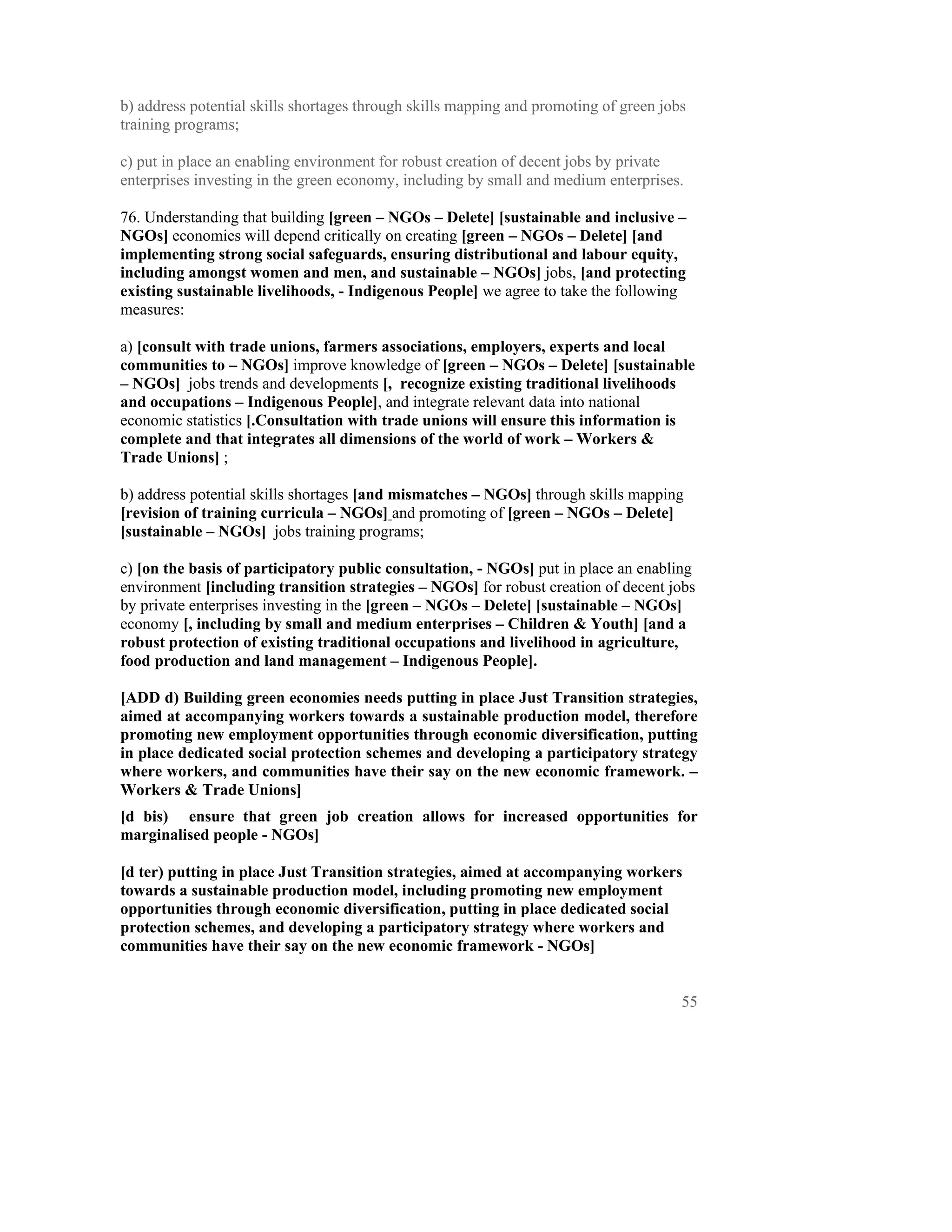 b) address potential skills shortages through skills mapping and promoting of green jobs
training programs;

c) put in place an enabling environment for robust creation of decent jobs by private
enterprises investing in the green economy, including by small and medium enterprises.

76. Understanding that building [green – NGOs – Delete] [sustainable and inclusive –
NGOs] economies will depend critically on creating [green – NGOs – Delete] [and
implementing strong social safeguards, ensuring distributional and labour equity,
including amongst women and men, and sustainable – NGOs] jobs, [and protecting
existing sustainable livelihoods, - Indigenous People] we agree to take the following
measures:

a) [consult with trade unions, farmers associations, employers, experts and local
communities to – NGOs] improve knowledge of [green – NGOs – Delete] [sustainable
– NGOs] jobs trends and developments [, recognize existing traditional livelihoods
and occupations – Indigenous People], and integrate relevant data into national
economic statistics [.Consultation with trade unions will ensure this information is
complete and that integrates all dimensions of the world of work – Workers &
Trade Unions] ;

b) address potential skills shortages [and mismatches – NGOs] through skills mapping
[revision of training curricula – NGOs] and promoting of [green – NGOs – Delete]
[sustainable – NGOs] jobs training programs;

c) [on the basis of participatory public consultation, - NGOs] put in place an enabling
environment [including transition strategies – NGOs] for robust creation of decent jobs
by private enterprises investing in the [green – NGOs – Delete] [sustainable – NGOs]
economy [, including by small and medium enterprises – Children & Youth] [and a
robust protection of existing traditional occupations and livelihood in agriculture,
food production and land management – Indigenous People].

[ADD d) Building green economies needs putting in place Just Transition strategies,
aimed at accompanying workers towards a sustainable production model, therefore
promoting new employment opportunities through economic diversification, putting
in place dedicated social protection schemes and developing a participatory strategy
where workers, and communities have their say on the new economic framework. –
Workers & Trade Unions]
[d bis) ensure that green job creation allows for increased opportunities for
marginalised people - NGOs]

[d ter) putting in place Just Transition strategies, aimed at accompanying workers
towards a sustainable production model, including promoting new employment
opportunities through economic diversification, putting in place dedicated social
protection schemes, and developing a participatory strategy where workers and
communities have their say on the new economic framework - NGOs]


                                                                                       55
 