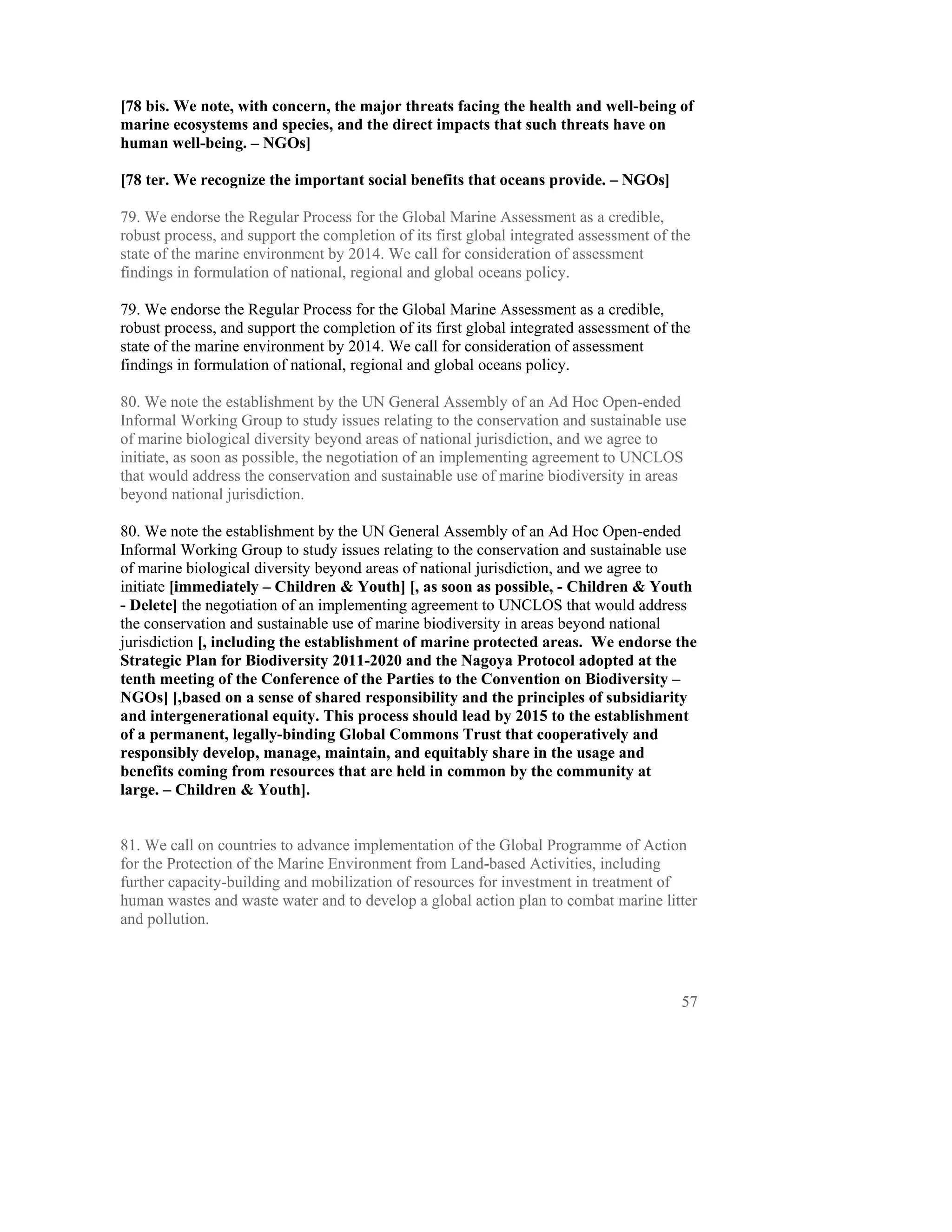 [78 bis. We note, with concern, the major threats facing the health and well-being of
marine ecosystems and species, and the direct impacts that such threats have on
human well-being. – NGOs]

[78 ter. We recognize the important social benefits that oceans provide. – NGOs]

79. We endorse the Regular Process for the Global Marine Assessment as a credible,
robust process, and support the completion of its first global integrated assessment of the
state of the marine environment by 2014. We call for consideration of assessment
findings in formulation of national, regional and global oceans policy.

79. We endorse the Regular Process for the Global Marine Assessment as a credible,
robust process, and support the completion of its first global integrated assessment of the
state of the marine environment by 2014. We call for consideration of assessment
findings in formulation of national, regional and global oceans policy.

80. We note the establishment by the UN General Assembly of an Ad Hoc Open-ended
Informal Working Group to study issues relating to the conservation and sustainable use
of marine biological diversity beyond areas of national jurisdiction, and we agree to
initiate, as soon as possible, the negotiation of an implementing agreement to UNCLOS
that would address the conservation and sustainable use of marine biodiversity in areas
beyond national jurisdiction.

80. We note the establishment by the UN General Assembly of an Ad Hoc Open-ended
Informal Working Group to study issues relating to the conservation and sustainable use
of marine biological diversity beyond areas of national jurisdiction, and we agree to
initiate [immediately – Children & Youth] [, as soon as possible, - Children & Youth
- Delete] the negotiation of an implementing agreement to UNCLOS that would address
the conservation and sustainable use of marine biodiversity in areas beyond national
jurisdiction [, including the establishment of marine protected areas. We endorse the
Strategic Plan for Biodiversity 2011-2020 and the Nagoya Protocol adopted at the
tenth meeting of the Conference of the Parties to the Convention on Biodiversity –
NGOs] [,based on a sense of shared responsibility and the principles of subsidiarity
and intergenerational equity. This process should lead by 2015 to the establishment
of a permanent, legally-binding Global Commons Trust that cooperatively and
responsibly develop, manage, maintain, and equitably share in the usage and
benefits coming from resources that are held in common by the community at
large. – Children & Youth].


81. We call on countries to advance implementation of the Global Programme of Action
for the Protection of the Marine Environment from Land-based Activities, including
further capacity-building and mobilization of resources for investment in treatment of
human wastes and waste water and to develop a global action plan to combat marine litter
and pollution.




                                                                                         57
 
