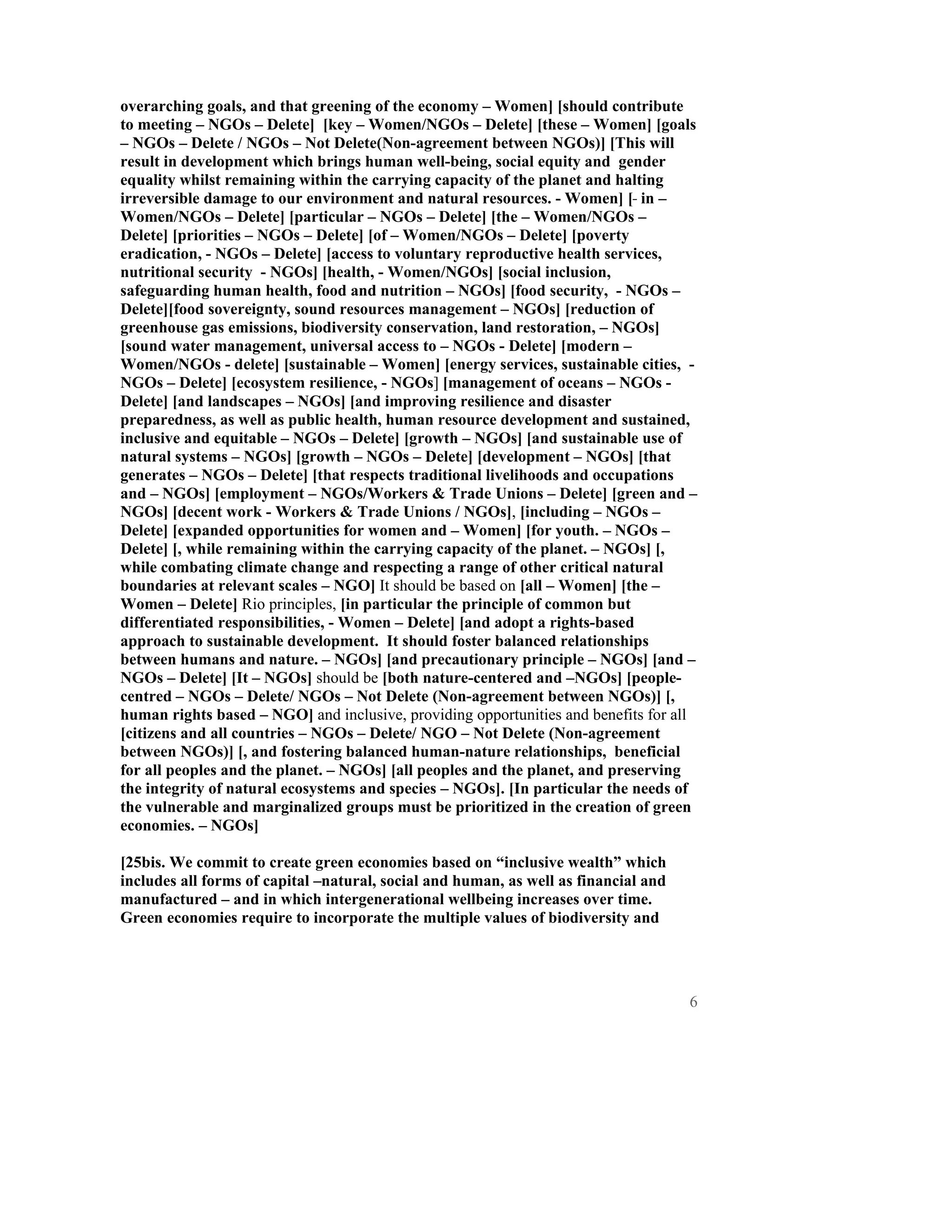 overarching goals, and that greening of the economy – Women] [should contribute
to meeting – NGOs – Delete] [key – Women/NGOs – Delete] [these – Women] [goals
– NGOs – Delete / NGOs – Not Delete(Non-agreement between NGOs)] [This will
result in development which brings human well-being, social equity and gender
equality whilst remaining within the carrying capacity of the planet and halting
irreversible damage to our environment and natural resources. - Women] [ in –
Women/NGOs – Delete] [particular – NGOs – Delete] [the – Women/NGOs –
Delete] [priorities – NGOs – Delete] [of – Women/NGOs – Delete] [poverty
eradication, - NGOs – Delete] [access to voluntary reproductive health services,
nutritional security - NGOs] [health, - Women/NGOs] [social inclusion,
safeguarding human health, food and nutrition – NGOs] [food security, - NGOs –
Delete][food sovereignty, sound resources management – NGOs] [reduction of
greenhouse gas emissions, biodiversity conservation, land restoration, – NGOs]
[sound water management, universal access to – NGOs - Delete] [modern –
Women/NGOs - delete] [sustainable – Women] [energy services, sustainable cities, -
NGOs – Delete] [ecosystem resilience, - NGOs] [management of oceans – NGOs -
Delete] [and landscapes – NGOs] [and improving resilience and disaster
preparedness, as well as public health, human resource development and sustained,
inclusive and equitable – NGOs – Delete] [growth – NGOs] [and sustainable use of
natural systems – NGOs] [growth – NGOs – Delete] [development – NGOs] [that
generates – NGOs – Delete] [that respects traditional livelihoods and occupations
and – NGOs] [employment – NGOs/Workers & Trade Unions – Delete] [green and –
NGOs] [decent work - Workers & Trade Unions / NGOs], [including – NGOs –
Delete] [expanded opportunities for women and – Women] [for youth. – NGOs –
Delete] [, while remaining within the carrying capacity of the planet. – NGOs] [,
while combating climate change and respecting a range of other critical natural
boundaries at relevant scales – NGO] It should be based on [all – Women] [the –
Women – Delete] Rio principles, [in particular the principle of common but
differentiated responsibilities, - Women – Delete] [and adopt a rights-based
approach to sustainable development. It should foster balanced relationships
between humans and nature. – NGOs] [and precautionary principle – NGOs] [and –
NGOs – Delete] [It – NGOs] should be [both nature-centered and –NGOs] [people-
centred – NGOs – Delete/ NGOs – Not Delete (Non-agreement between NGOs)] [,
human rights based – NGO] and inclusive, providing opportunities and benefits for all
[citizens and all countries – NGOs – Delete/ NGO – Not Delete (Non-agreement
between NGOs)] [, and fostering balanced human-nature relationships, beneficial
for all peoples and the planet. – NGOs] [all peoples and the planet, and preserving
the integrity of natural ecosystems and species – NGOs]. [In particular the needs of
the vulnerable and marginalized groups must be prioritized in the creation of green
economies. – NGOs]

[25bis. We commit to create green economies based on “inclusive wealth” which
includes all forms of capital –natural, social and human, as well as financial and
manufactured – and in which intergenerational wellbeing increases over time.
Green economies require to incorporate the multiple values of biodiversity and




                                                                                     6
 