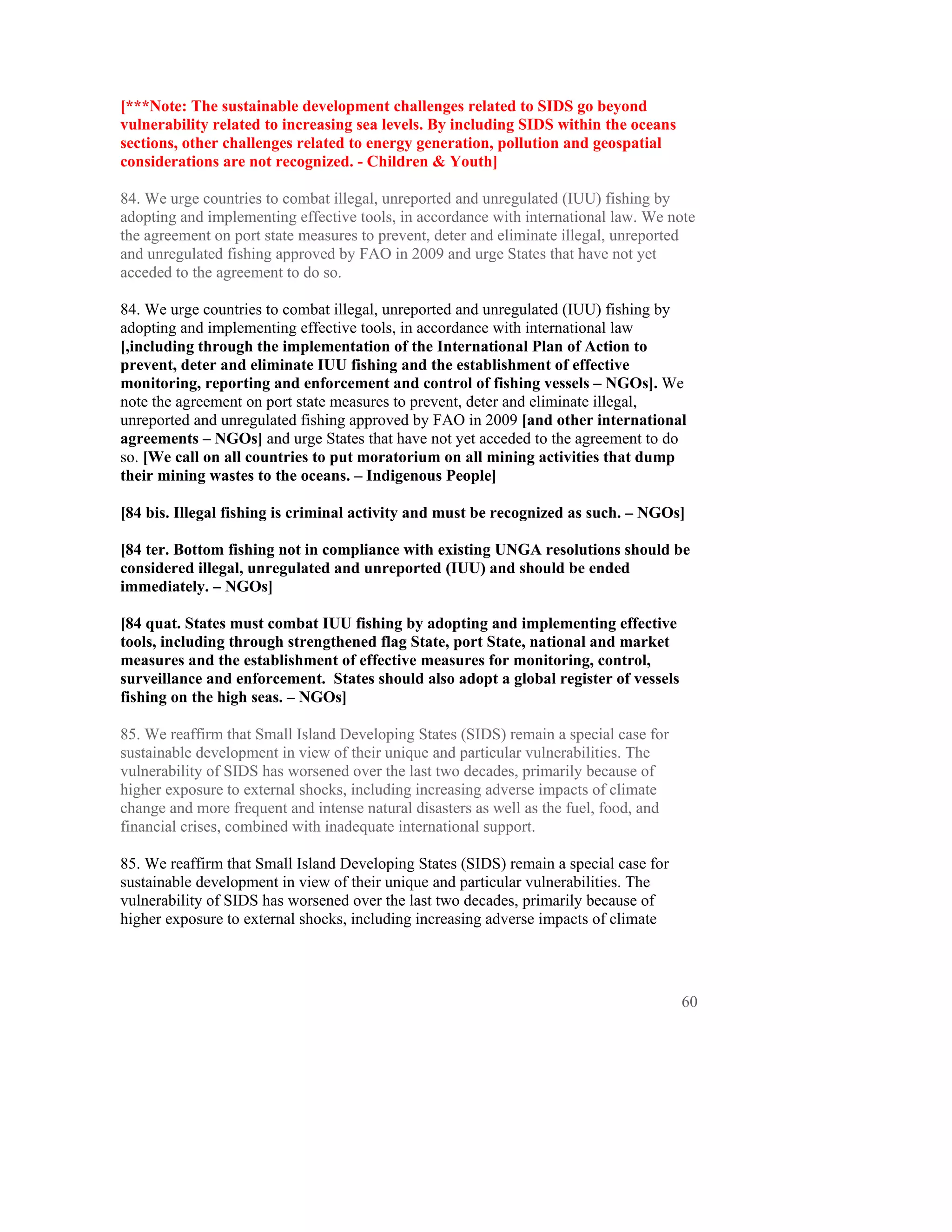 [***Note: The sustainable development challenges related to SIDS go beyond
vulnerability related to increasing sea levels. By including SIDS within the oceans
sections, other challenges related to energy generation, pollution and geospatial
considerations are not recognized. - Children & Youth]

84. We urge countries to combat illegal, unreported and unregulated (IUU) fishing by
adopting and implementing effective tools, in accordance with international law. We note
the agreement on port state measures to prevent, deter and eliminate illegal, unreported
and unregulated fishing approved by FAO in 2009 and urge States that have not yet
acceded to the agreement to do so.

84. We urge countries to combat illegal, unreported and unregulated (IUU) fishing by
adopting and implementing effective tools, in accordance with international law
[,including through the implementation of the International Plan of Action to
prevent, deter and eliminate IUU fishing and the establishment of effective
monitoring, reporting and enforcement and control of fishing vessels – NGOs]. We
note the agreement on port state measures to prevent, deter and eliminate illegal,
unreported and unregulated fishing approved by FAO in 2009 [and other international
agreements – NGOs] and urge States that have not yet acceded to the agreement to do
so. [We call on all countries to put moratorium on all mining activities that dump
their mining wastes to the oceans. – Indigenous People]

[84 bis. Illegal fishing is criminal activity and must be recognized as such. – NGOs]

[84 ter. Bottom fishing not in compliance with existing UNGA resolutions should be
considered illegal, unregulated and unreported (IUU) and should be ended
immediately. – NGOs]

[84 quat. States must combat IUU fishing by adopting and implementing effective
tools, including through strengthened flag State, port State, national and market
measures and the establishment of effective measures for monitoring, control,
surveillance and enforcement. States should also adopt a global register of vessels
fishing on the high seas. – NGOs]

85. We reaffirm that Small Island Developing States (SIDS) remain a special case for
sustainable development in view of their unique and particular vulnerabilities. The
vulnerability of SIDS has worsened over the last two decades, primarily because of
higher exposure to external shocks, including increasing adverse impacts of climate
change and more frequent and intense natural disasters as well as the fuel, food, and
financial crises, combined with inadequate international support.

85. We reaffirm that Small Island Developing States (SIDS) remain a special case for
sustainable development in view of their unique and particular vulnerabilities. The
vulnerability of SIDS has worsened over the last two decades, primarily because of
higher exposure to external shocks, including increasing adverse impacts of climate




                                                                                        60
 