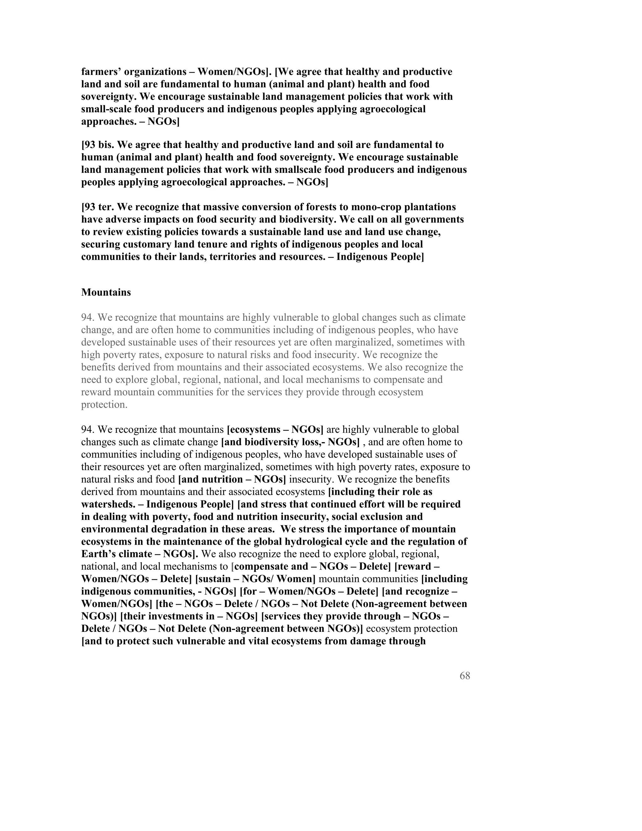 farmers’ organizations – Women/NGOs]. [We agree that healthy and productive
land and soil are fundamental to human (animal and plant) health and food
sovereignty. We encourage sustainable land management policies that work with
small-scale food producers and indigenous peoples applying agroecological
approaches. – NGOs]

[93 bis. We agree that healthy and productive land and soil are fundamental to
human (animal and plant) health and food sovereignty. We encourage sustainable
land management policies that work with smallscale food producers and indigenous
peoples applying agroecological approaches. – NGOs]

[93 ter. We recognize that massive conversion of forests to mono-crop plantations
have adverse impacts on food security and biodiversity. We call on all governments
to review existing policies towards a sustainable land use and land use change,
securing customary land tenure and rights of indigenous peoples and local
communities to their lands, territories and resources. – Indigenous People]


Mountains

94. We recognize that mountains are highly vulnerable to global changes such as climate
change, and are often home to communities including of indigenous peoples, who have
developed sustainable uses of their resources yet are often marginalized, sometimes with
high poverty rates, exposure to natural risks and food insecurity. We recognize the
benefits derived from mountains and their associated ecosystems. We also recognize the
need to explore global, regional, national, and local mechanisms to compensate and
reward mountain communities for the services they provide through ecosystem
protection.

94. We recognize that mountains [ecosystems – NGOs] are highly vulnerable to global
changes such as climate change [and biodiversity loss,- NGOs] , and are often home to
communities including of indigenous peoples, who have developed sustainable uses of
their resources yet are often marginalized, sometimes with high poverty rates, exposure to
natural risks and food [and nutrition – NGOs] insecurity. We recognize the benefits
derived from mountains and their associated ecosystems [including their role as
watersheds. – Indigenous People] [and stress that continued effort will be required
in dealing with poverty, food and nutrition insecurity, social exclusion and
environmental degradation in these areas. We stress the importance of mountain
ecosystems in the maintenance of the global hydrological cycle and the regulation of
Earth’s climate – NGOs]. We also recognize the need to explore global, regional,
national, and local mechanisms to [compensate and – NGOs – Delete] [reward –
Women/NGOs – Delete] [sustain – NGOs/ Women] mountain communities [including
indigenous communities, - NGOs] [for – Women/NGOs – Delete] [and recognize –
Women/NGOs] [the – NGOs – Delete / NGOs – Not Delete (Non-agreement between
NGOs)] [their investments in – NGOs] [services they provide through – NGOs –
Delete / NGOs – Not Delete (Non-agreement between NGOs)] ecosystem protection
[and to protect such vulnerable and vital ecosystems from damage through


                                                                                       68
 