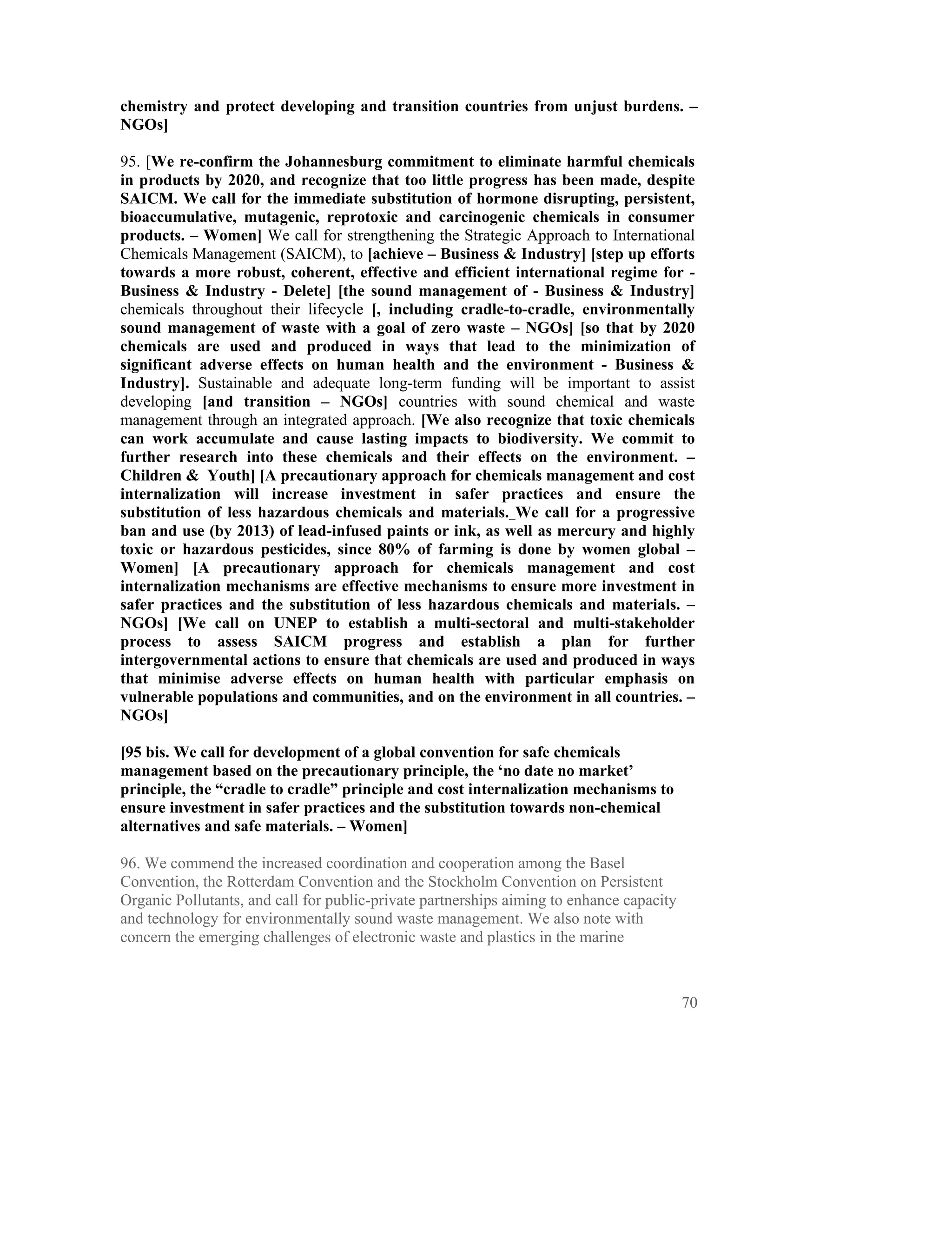 chemistry and protect developing and transition countries from unjust burdens. –
NGOs]

95. [We re-confirm the Johannesburg commitment to eliminate harmful chemicals
in products by 2020, and recognize that too little progress has been made, despite
SAICM. We call for the immediate substitution of hormone disrupting, persistent,
bioaccumulative, mutagenic, reprotoxic and carcinogenic chemicals in consumer
products. – Women] We call for strengthening the Strategic Approach to International
Chemicals Management (SAICM), to [achieve – Business & Industry] [step up efforts
towards a more robust, coherent, effective and efficient international regime for -
Business & Industry - Delete] [the sound management of - Business & Industry]
chemicals throughout their lifecycle [, including cradle-to-cradle, environmentally
sound management of waste with a goal of zero waste – NGOs] [so that by 2020
chemicals are used and produced in ways that lead to the minimization of
significant adverse effects on human health and the environment - Business &
Industry]. Sustainable and adequate long-term funding will be important to assist
developing [and transition – NGOs] countries with sound chemical and waste
management through an integrated approach. [We also recognize that toxic chemicals
can work accumulate and cause lasting impacts to biodiversity. We commit to
further research into these chemicals and their effects on the environment. –
Children & Youth] [A precautionary approach for chemicals management and cost
internalization will increase investment in safer practices and ensure the
substitution of less hazardous chemicals and materials. We call for a progressive
ban and use (by 2013) of lead-infused paints or ink, as well as mercury and highly
toxic or hazardous pesticides, since 80% of farming is done by women global –
Women] [A precautionary approach for chemicals management and cost
internalization mechanisms are effective mechanisms to ensure more investment in
safer practices and the substitution of less hazardous chemicals and materials. –
NGOs] [We call on UNEP to establish a multi-sectoral and multi-stakeholder
process to assess SAICM progress and establish a plan for further
intergovernmental actions to ensure that chemicals are used and produced in ways
that minimise adverse effects on human health with particular emphasis on
vulnerable populations and communities, and on the environment in all countries. –
NGOs]

[95 bis. We call for development of a global convention for safe chemicals
management based on the precautionary principle, the ‘no date no market’
principle, the “cradle to cradle” principle and cost internalization mechanisms to
ensure investment in safer practices and the substitution towards non-chemical
alternatives and safe materials. – Women]

96. We commend the increased coordination and cooperation among the Basel
Convention, the Rotterdam Convention and the Stockholm Convention on Persistent
Organic Pollutants, and call for public-private partnerships aiming to enhance capacity
and technology for environmentally sound waste management. We also note with
concern the emerging challenges of electronic waste and plastics in the marine



                                                                                          70
 