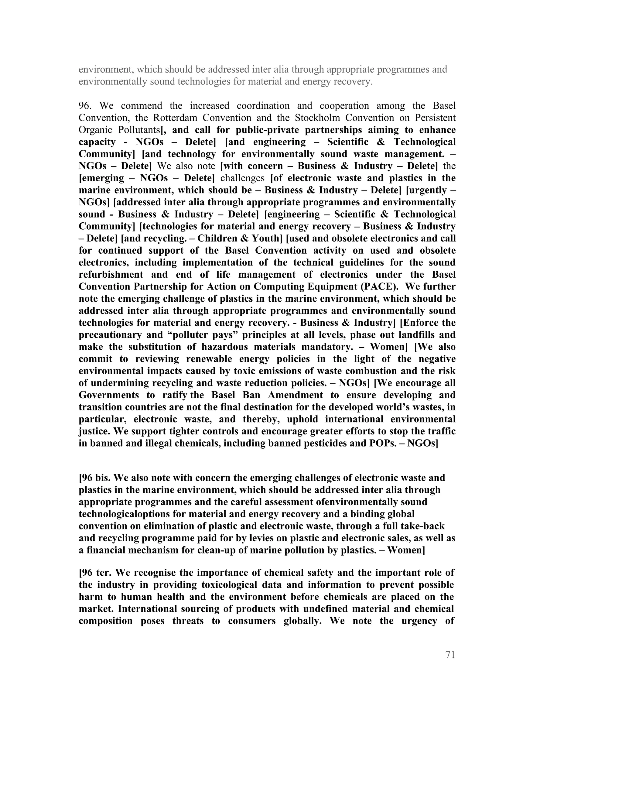 environment, which should be addressed inter alia through appropriate programmes and
environmentally sound technologies for material and energy recovery.

96. We commend the increased coordination and cooperation among the Basel
Convention, the Rotterdam Convention and the Stockholm Convention on Persistent
Organic Pollutants[, and call for public-private partnerships aiming to enhance
capacity - NGOs – Delete] [and engineering – Scientific & Technological
Community] [and technology for environmentally sound waste management. –
NGOs – Delete] We also note [with concern – Business & Industry – Delete] the
[emerging – NGOs – Delete] challenges [of electronic waste and plastics in the
marine environment, which should be – Business & Industry – Delete] [urgently –
NGOs] [addressed inter alia through appropriate programmes and environmentally
sound - Business & Industry – Delete] [engineering – Scientific & Technological
Community] [technologies for material and energy recovery – Business & Industry
– Delete] [and recycling. – Children & Youth] [used and obsolete electronics and call
for continued support of the Basel Convention activity on used and obsolete
electronics, including implementation of the technical guidelines for the sound
refurbishment and end of life management of electronics under the Basel
Convention Partnership for Action on Computing Equipment (PACE). We further
note the emerging challenge of plastics in the marine environment, which should be
addressed inter alia through appropriate programmes and environmentally sound
technologies for material and energy recovery. - Business & Industry] [Enforce the
precautionary and “polluter pays” principles at all levels, phase out landfills and
make the substitution of hazardous materials mandatory. – Women] [We also
commit to reviewing renewable energy policies in the light of the negative
environmental impacts caused by toxic emissions of waste combustion and the risk
of undermining recycling and waste reduction policies. – NGOs] [We encourage all
Governments to ratify the Basel Ban Amendment to ensure developing and
transition countries are not the final destination for the developed world’s wastes, in
particular, electronic waste, and thereby, uphold international environmental
justice. We support tighter controls and encourage greater efforts to stop the traffic
in banned and illegal chemicals, including banned pesticides and POPs. – NGOs]


[96 bis. We also note with concern the emerging challenges of electronic waste and
plastics in the marine environment, which should be addressed inter alia through
appropriate programmes and the careful assessment ofenvironmentally sound
technologicaloptions for material and energy recovery and a binding global
convention on elimination of plastic and electronic waste, through a full take-back
and recycling programme paid for by levies on plastic and electronic sales, as well as
a financial mechanism for clean-up of marine pollution by plastics. – Women]

[96 ter. We recognise the importance of chemical safety and the important role of
the industry in providing toxicological data and information to prevent possible
harm to human health and the environment before chemicals are placed on the
market. International sourcing of products with undefined material and chemical
composition poses threats to consumers globally. We note the urgency of


                                                                                    71
 