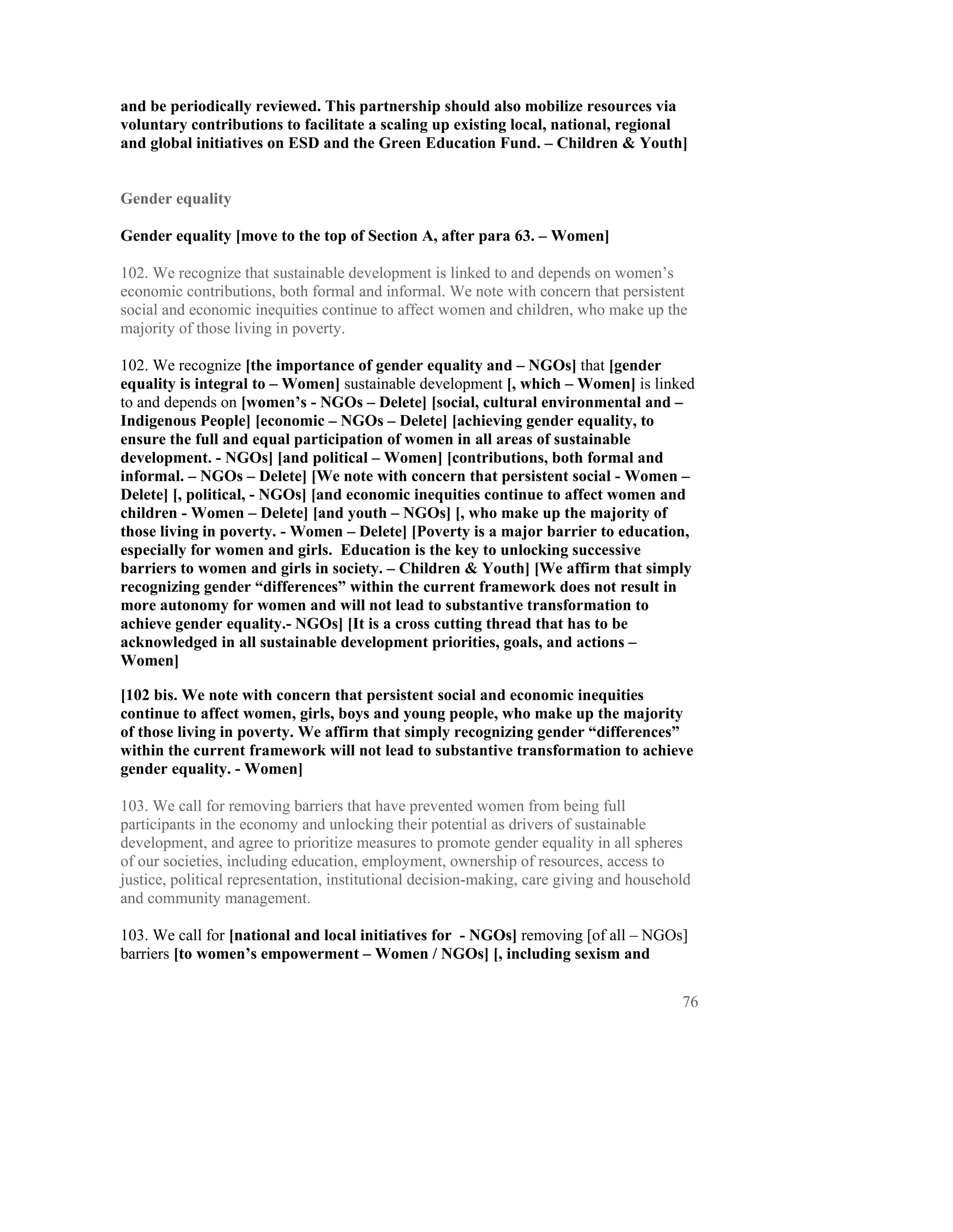 and be periodically reviewed. This partnership should also mobilize resources via
voluntary contributions to facilitate a scaling up existing local, national, regional
and global initiatives on ESD and the Green Education Fund. – Children & Youth]


Gender equality

Gender equality [move to the top of Section A, after para 63. – Women]

102. We recognize that sustainable development is linked to and depends on women’s
economic contributions, both formal and informal. We note with concern that persistent
social and economic inequities continue to affect women and children, who make up the
majority of those living in poverty.

102. We recognize [the importance of gender equality and – NGOs] that [gender
equality is integral to – Women] sustainable development [, which – Women] is linked
to and depends on [women’s - NGOs – Delete] [social, cultural environmental and –
Indigenous People] [economic – NGOs – Delete] [achieving gender equality, to
ensure the full and equal participation of women in all areas of sustainable
development. - NGOs] [and political – Women] [contributions, both formal and
informal. – NGOs – Delete] [We note with concern that persistent social - Women –
Delete] [, political, - NGOs] [and economic inequities continue to affect women and
children - Women – Delete] [and youth – NGOs] [, who make up the majority of
those living in poverty. - Women – Delete] [Poverty is a major barrier to education,
especially for women and girls. Education is the key to unlocking successive
barriers to women and girls in society. – Children & Youth] [We affirm that simply
recognizing gender “differences” within the current framework does not result in
more autonomy for women and will not lead to substantive transformation to
achieve gender equality.- NGOs] [It is a cross cutting thread that has to be
acknowledged in all sustainable development priorities, goals, and actions –
Women]

[102 bis. We note with concern that persistent social and economic inequities
continue to affect women, girls, boys and young people, who make up the majority
of those living in poverty. We affirm that simply recognizing gender “differences”
within the current framework will not lead to substantive transformation to achieve
gender equality. - Women]

103. We call for removing barriers that have prevented women from being full
participants in the economy and unlocking their potential as drivers of sustainable
development, and agree to prioritize measures to promote gender equality in all spheres
of our societies, including education, employment, ownership of resources, access to
justice, political representation, institutional decision-making, care giving and household
and community management.

103. We call for [national and local initiatives for - NGOs] removing [of all – NGOs]
barriers [to women’s empowerment – Women / NGOs] [, including sexism and


                                                                                         76
 