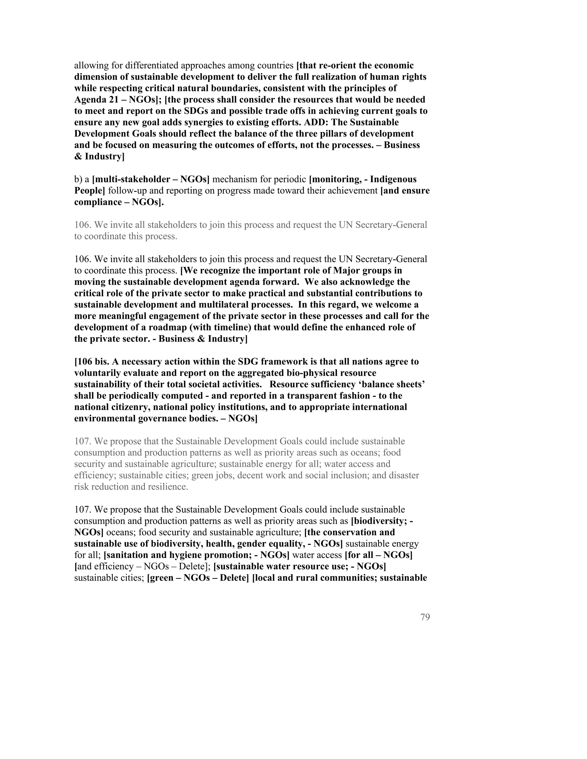 allowing for differentiated approaches among countries [that re-orient the economic
dimension of sustainable development to deliver the full realization of human rights
while respecting critical natural boundaries, consistent with the principles of
Agenda 21 – NGOs]; [the process shall consider the resources that would be needed
to meet and report on the SDGs and possible trade offs in achieving current goals to
ensure any new goal adds synergies to existing efforts. ADD: The Sustainable
Development Goals should reflect the balance of the three pillars of development
and be focused on measuring the outcomes of efforts, not the processes. – Business
& Industry]

b) a [multi-stakeholder – NGOs] mechanism for periodic [monitoring, - Indigenous
People] follow-up and reporting on progress made toward their achievement [and ensure
compliance – NGOs].

106. We invite all stakeholders to join this process and request the UN Secretary-General
to coordinate this process.

106. We invite all stakeholders to join this process and request the UN Secretary-General
to coordinate this process. [We recognize the important role of Major groups in
moving the sustainable development agenda forward. We also acknowledge the
critical role of the private sector to make practical and substantial contributions to
sustainable development and multilateral processes. In this regard, we welcome a
more meaningful engagement of the private sector in these processes and call for the
development of a roadmap (with timeline) that would define the enhanced role of
the private sector. - Business & Industry]

[106 bis. A necessary action within the SDG framework is that all nations agree to
voluntarily evaluate and report on the aggregated bio-physical resource
sustainability of their total societal activities. Resource sufficiency ‘balance sheets’
shall be periodically computed - and reported in a transparent fashion - to the
national citizenry, national policy institutions, and to appropriate international
environmental governance bodies. – NGOs]

107. We propose that the Sustainable Development Goals could include sustainable
consumption and production patterns as well as priority areas such as oceans; food
security and sustainable agriculture; sustainable energy for all; water access and
efficiency; sustainable cities; green jobs, decent work and social inclusion; and disaster
risk reduction and resilience.

107. We propose that the Sustainable Development Goals could include sustainable
consumption and production patterns as well as priority areas such as [biodiversity; -
NGOs] oceans; food security and sustainable agriculture; [the conservation and
sustainable use of biodiversity, health, gender equality, - NGOs] sustainable energy
for all; [sanitation and hygiene promotion; - NGOs] water access [for all – NGOs]
[and efficiency – NGOs – Delete]; [sustainable water resource use; - NGOs]
sustainable cities; [green – NGOs – Delete] [local and rural communities; sustainable



                                                                                             79
 