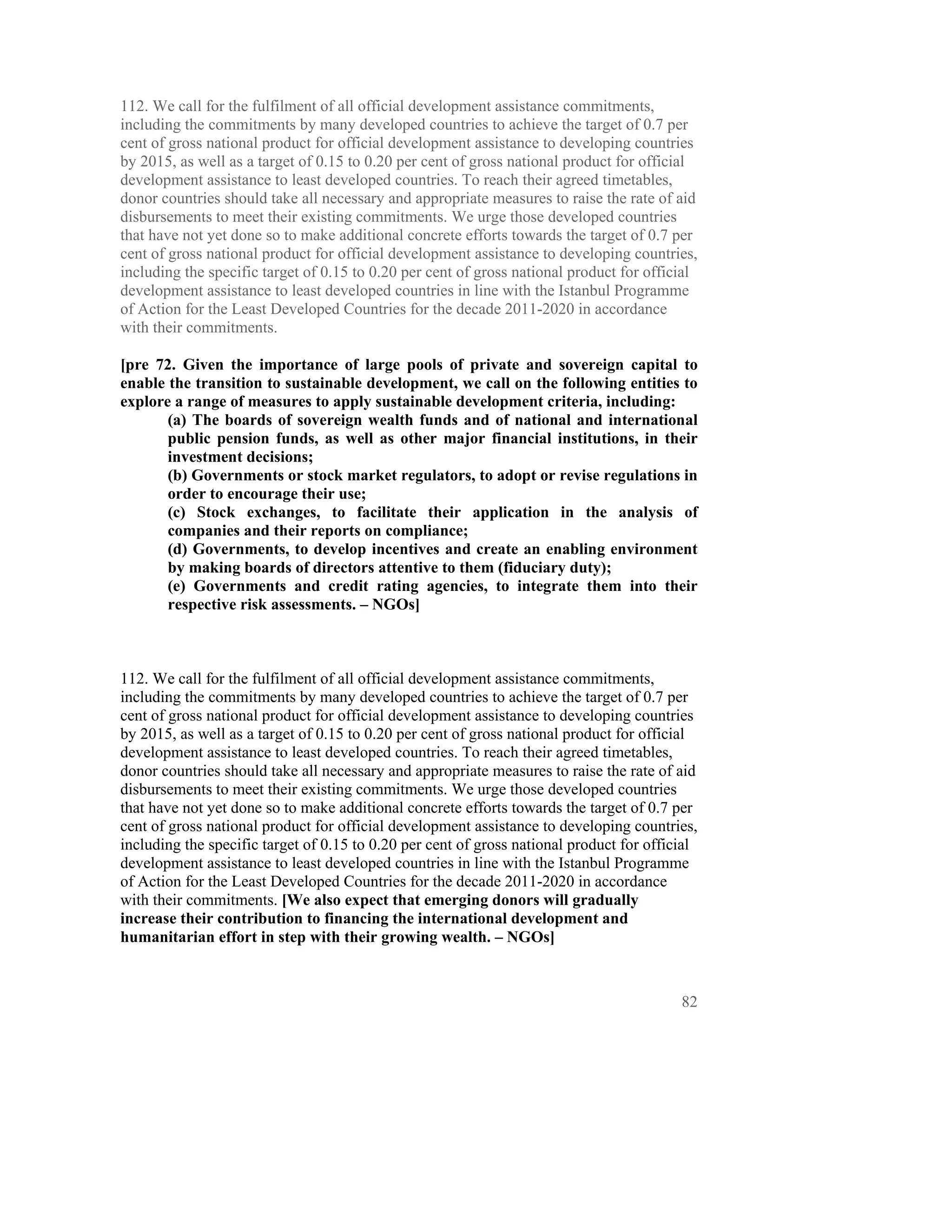 112. We call for the fulfilment of all official development assistance commitments,
including the commitments by many developed countries to achieve the target of 0.7 per
cent of gross national product for official development assistance to developing countries
by 2015, as well as a target of 0.15 to 0.20 per cent of gross national product for official
development assistance to least developed countries. To reach their agreed timetables,
donor countries should take all necessary and appropriate measures to raise the rate of aid
disbursements to meet their existing commitments. We urge those developed countries
that have not yet done so to make additional concrete efforts towards the target of 0.7 per
cent of gross national product for official development assistance to developing countries,
including the specific target of 0.15 to 0.20 per cent of gross national product for official
development assistance to least developed countries in line with the Istanbul Programme
of Action for the Least Developed Countries for the decade 2011-2020 in accordance
with their commitments.

[pre 72. Given the importance of large pools of private and sovereign capital to
enable the transition to sustainable development, we call on the following entities to
explore a range of measures to apply sustainable development criteria, including:
       (a) The boards of sovereign wealth funds and of national and international
       public pension funds, as well as other major financial institutions, in their
       investment decisions;
       (b) Governments or stock market regulators, to adopt or revise regulations in
       order to encourage their use;
       (c) Stock exchanges, to facilitate their application in the analysis of
       companies and their reports on compliance;
       (d) Governments, to develop incentives and create an enabling environment
       by making boards of directors attentive to them (fiduciary duty);
       (e) Governments and credit rating agencies, to integrate them into their
       respective risk assessments. – NGOs]



112. We call for the fulfilment of all official development assistance commitments,
including the commitments by many developed countries to achieve the target of 0.7 per
cent of gross national product for official development assistance to developing countries
by 2015, as well as a target of 0.15 to 0.20 per cent of gross national product for official
development assistance to least developed countries. To reach their agreed timetables,
donor countries should take all necessary and appropriate measures to raise the rate of aid
disbursements to meet their existing commitments. We urge those developed countries
that have not yet done so to make additional concrete efforts towards the target of 0.7 per
cent of gross national product for official development assistance to developing countries,
including the specific target of 0.15 to 0.20 per cent of gross national product for official
development assistance to least developed countries in line with the Istanbul Programme
of Action for the Least Developed Countries for the decade 2011-2020 in accordance
with their commitments. [We also expect that emerging donors will gradually
increase their contribution to financing the international development and
humanitarian effort in step with their growing wealth. – NGOs]



                                                                                          82
 