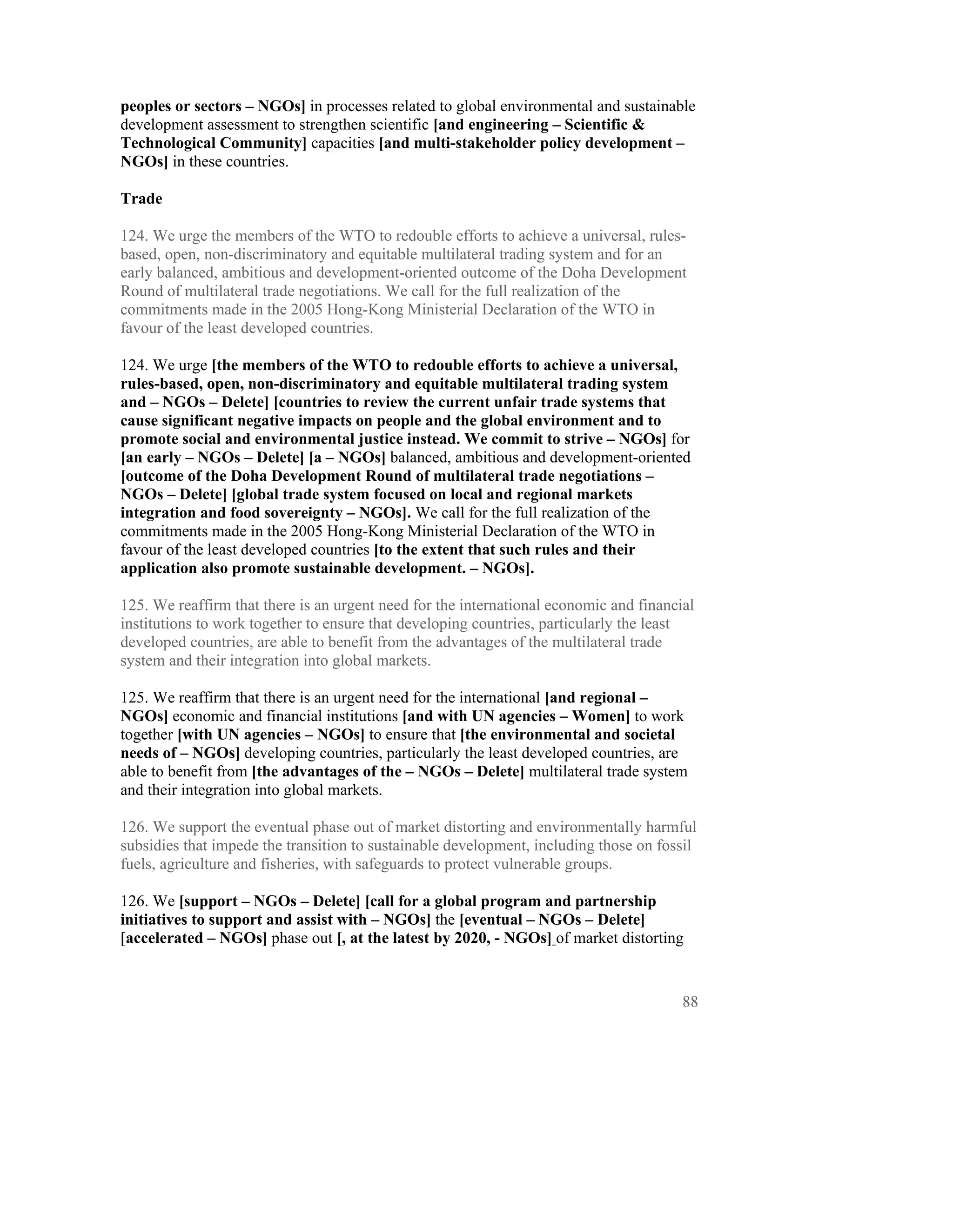 peoples or sectors – NGOs] in processes related to global environmental and sustainable
development assessment to strengthen scientific [and engineering – Scientific &
Technological Community] capacities [and multi-stakeholder policy development –
NGOs] in these countries.

Trade

124. We urge the members of the WTO to redouble efforts to achieve a universal, rules-
based, open, non-discriminatory and equitable multilateral trading system and for an
early balanced, ambitious and development-oriented outcome of the Doha Development
Round of multilateral trade negotiations. We call for the full realization of the
commitments made in the 2005 Hong-Kong Ministerial Declaration of the WTO in
favour of the least developed countries.

124. We urge [the members of the WTO to redouble efforts to achieve a universal,
rules-based, open, non-discriminatory and equitable multilateral trading system
and – NGOs – Delete] [countries to review the current unfair trade systems that
cause significant negative impacts on people and the global environment and to
promote social and environmental justice instead. We commit to strive – NGOs] for
[an early – NGOs – Delete] [a – NGOs] balanced, ambitious and development-oriented
[outcome of the Doha Development Round of multilateral trade negotiations –
NGOs – Delete] [global trade system focused on local and regional markets
integration and food sovereignty – NGOs]. We call for the full realization of the
commitments made in the 2005 Hong-Kong Ministerial Declaration of the WTO in
favour of the least developed countries [to the extent that such rules and their
application also promote sustainable development. – NGOs].

125. We reaffirm that there is an urgent need for the international economic and financial
institutions to work together to ensure that developing countries, particularly the least
developed countries, are able to benefit from the advantages of the multilateral trade
system and their integration into global markets.

125. We reaffirm that there is an urgent need for the international [and regional –
NGOs] economic and financial institutions [and with UN agencies – Women] to work
together [with UN agencies – NGOs] to ensure that [the environmental and societal
needs of – NGOs] developing countries, particularly the least developed countries, are
able to benefit from [the advantages of the – NGOs – Delete] multilateral trade system
and their integration into global markets.

126. We support the eventual phase out of market distorting and environmentally harmful
subsidies that impede the transition to sustainable development, including those on fossil
fuels, agriculture and fisheries, with safeguards to protect vulnerable groups.

126. We [support – NGOs – Delete] [call for a global program and partnership
initiatives to support and assist with – NGOs] the [eventual – NGOs – Delete]
[accelerated – NGOs] phase out [, at the latest by 2020, - NGOs] of market distorting


                                                                                        88
 