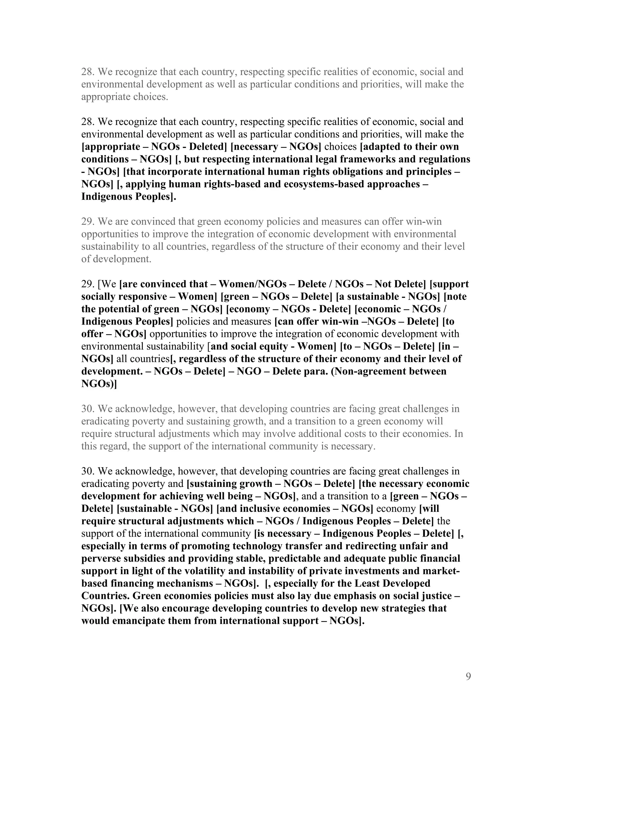 28. We recognize that each country, respecting specific realities of economic, social and
environmental development as well as particular conditions and priorities, will make the
appropriate choices.

28. We recognize that each country, respecting specific realities of economic, social and
environmental development as well as particular conditions and priorities, will make the
[appropriate – NGOs - Deleted] [necessary – NGOs] choices [adapted to their own
conditions – NGOs] [, but respecting international legal frameworks and regulations
- NGOs] [that incorporate international human rights obligations and principles –
NGOs] [, applying human rights-based and ecosystems-based approaches –
Indigenous Peoples].

29. We are convinced that green economy policies and measures can offer win-win
opportunities to improve the integration of economic development with environmental
sustainability to all countries, regardless of the structure of their economy and their level
of development.

29. [We [are convinced that – Women/NGOs – Delete / NGOs – Not Delete] [support
socially responsive – Women] [green – NGOs – Delete] [a sustainable - NGOs] [note
the potential of green – NGOs] [economy – NGOs - Delete] [economic – NGOs /
Indigenous Peoples] policies and measures [can offer win-win –NGOs – Delete] [to
offer – NGOs] opportunities to improve the integration of economic development with
environmental sustainability [and social equity - Women] [to – NGOs – Delete] [in –
NGOs] all countries[, regardless of the structure of their economy and their level of
development. – NGOs – Delete] – NGO – Delete para. (Non-agreement between
NGOs)]

30. We acknowledge, however, that developing countries are facing great challenges in
eradicating poverty and sustaining growth, and a transition to a green economy will
require structural adjustments which may involve additional costs to their economies. In
this regard, the support of the international community is necessary.

30. We acknowledge, however, that developing countries are facing great challenges in
eradicating poverty and [sustaining growth – NGOs – Delete] [the necessary economic
development for achieving well being – NGOs], and a transition to a [green – NGOs –
Delete] [sustainable - NGOs] [and inclusive economies – NGOs] economy [will
require structural adjustments which – NGOs / Indigenous Peoples – Delete] the
support of the international community [is necessary – Indigenous Peoples – Delete] [,
especially in terms of promoting technology transfer and redirecting unfair and
perverse subsidies and providing stable, predictable and adequate public financial
support in light of the volatility and instability of private investments and market-
based financing mechanisms – NGOs]. [, especially for the Least Developed
Countries. Green economies policies must also lay due emphasis on social justice –
NGOs]. [We also encourage developing countries to develop new strategies that
would emancipate them from international support – NGOs].




                                                                                                9
 