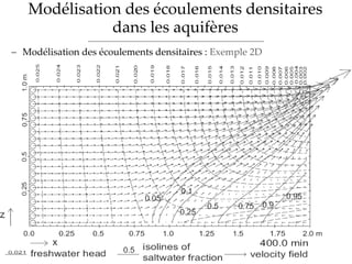 Modélisation des écoulements densitaires
dans les aquifères
Problématique Outils d’approche classiques Sites d’étude Méthodologie proposée
 Modélisation des écoulements densitaires : Exemple 2D
 