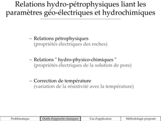 Relations hydro-pétrophysiques liant les
paramètres géo-électriques et hydrochimiques
Problématique Outils d’approche classiques Cas d’application Méthodologie proposée
 Relations pétrophysiques
(propriétés électriques des roches)
 Relations " hydro-physico-chimiques "
(propriétés électriques de la solution de pore)
 Correction de température
(variation de la résistivité avec la température)
 