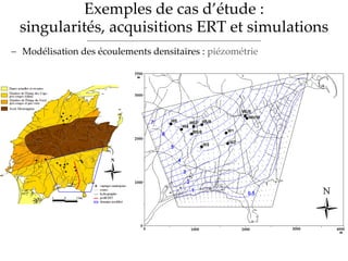 Exemples de cas d’étude :
singularités, acquisitions ERT et simulations
 Modélisation des écoulements densitaires : piézométrie
 