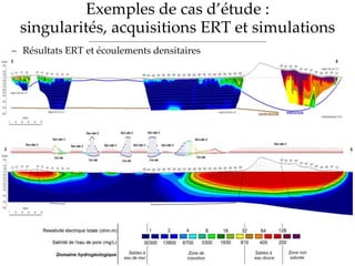 Exemples de cas d’étude :
singularités, acquisitions ERT et simulations
 Résultats ERT et écoulements densitaires
 