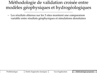 Méthodologie de validation croisée entre
modèles géophysiques et hydrogéologiques
Problématique Outils d’approche classiques Cas d’application Méthodologie proposée
 Les résultats obtenus sur les 3 sites montrent une comparaison
variable entre résultats géophysiques et simulations densitaires
 