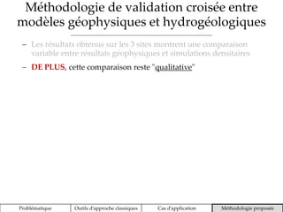 Méthodologie de validation croisée entre
modèles géophysiques et hydrogéologiques
Problématique Outils d’approche classiques Cas d’application Méthodologie proposée
 Les résultats obtenus sur les 3 sites montrent une comparaison
variable entre résultats géophysiques et simulations densitaires
 DE PLUS, cette comparaison reste "qualitative"
 