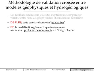 Méthodologie de validation croisée entre
modèles géophysiques et hydrogéologiques
Problématique Outils d’approche classiques Cas d’application Méthodologie proposée
 Les résultats obtenus sur les 3 sites montrent une comparaison
variable entre résultats géophysiques et simulations densitaires
 DE PLUS, cette comparaison reste "qualitative"
 ET, la modélisation géo-électrique inverse reste
soumise au problème de non-unicité de l’image obtenue
 
