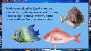 Глибоководні риби: Деякі з них, як,
наприклад, риба-примара, мають дуже
незвичайний вигляд і можуть жити
на великій глибині, де немає світла.
 