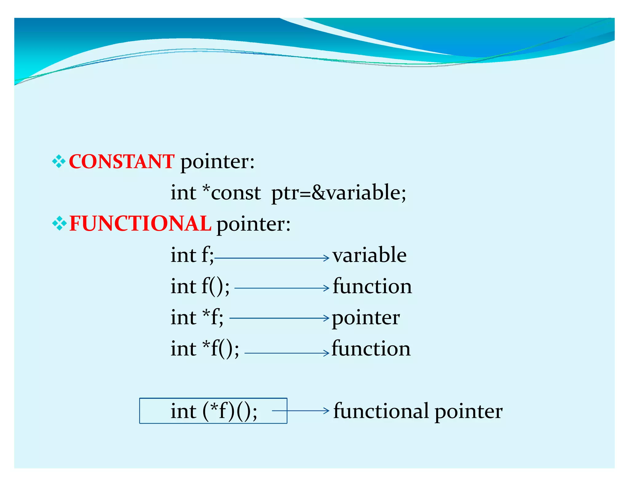 CONSTANT pointer:
int *const ptr=variable;
FUNCTIONAL pointer:
int f; variable
int f(); function
int *f; pointer
int *f(); function
int (*f)(); functional pointer
 