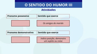 Atividades
O SENTIDO DO HUMOR III
Pronome possessivo Sentido que exerce
Os amigos do marido
Pronome demonstrativo Sentido que exerce
Indica posição, demonstra
um sujeito ou coisa
 