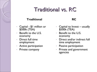 Traditional vs. RC
          Traditional                        RC

-   Capital - $1 million or   -   Capital to Invest – usually
    $500k (TEA)                   $500k (TEA)
-   Benefit to the U.S.       -   Benefit to the U.S.
    economy                       economy
-   Direct full time          -   Direct and/or indirect full
    employment                    time employment
-   Active participation      -   Passive participation
-   Private company           -   Private and government
                                  agencies
 