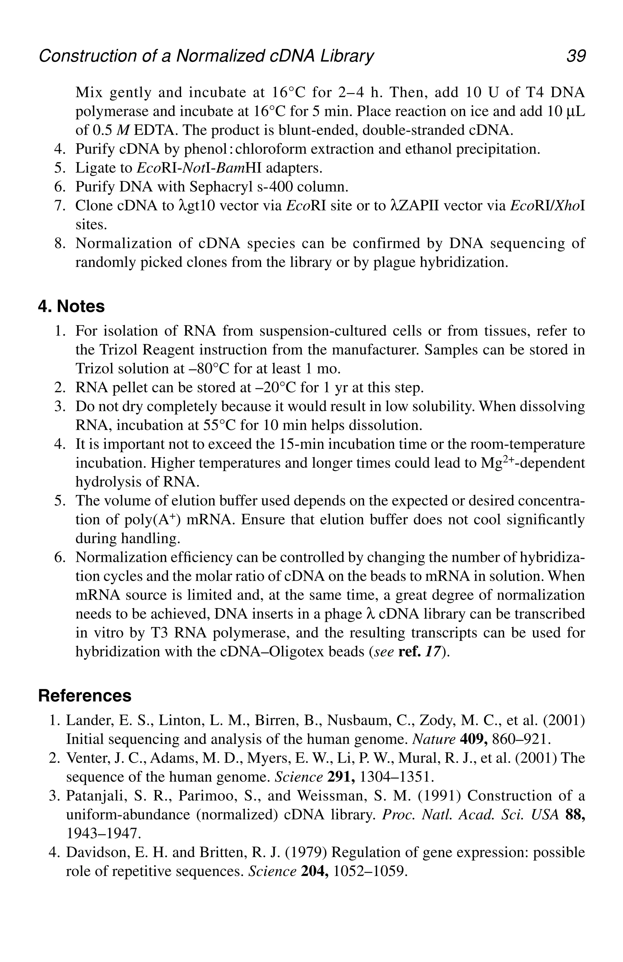 Construction of a Normalized cDNA Library 39
Mix gently and incubate at 16°C for 2–4 h. Then, add 10 U of T4 DNA
polymerase and incubate at 16°C for 5 min. Place reaction on ice and add 10 µL
of 0.5 M EDTA. The product is blunt-ended, double-stranded cDNA.
4. Purify cDNA by phenol⬊chloroform extraction and ethanol precipitation.
5. Ligate to EcoRI-NotI-BamHI adapters.
6. Purify DNA with Sephacryl s-400 column.
7. Clone cDNA to λgt10 vector via EcoRI site or to λZAPII vector via EcoRI/XhoI
sites.
8. Normalization of cDNA species can be confirmed by DNA sequencing of
randomly picked clones from the library or by plague hybridization.
4. Notes
1. For isolation of RNA from suspension-cultured cells or from tissues, refer to
the Trizol Reagent instruction from the manufacturer. Samples can be stored in
Trizol solution at –80°C for at least 1 mo.
2. RNA pellet can be stored at –20°C for 1 yr at this step.
3. Do not dry completely because it would result in low solubility. When dissolving
RNA, incubation at 55°C for 10 min helps dissolution.
4. It is important not to exceed the 15-min incubation time or the room-temperature
incubation. Higher temperatures and longer times could lead to Mg2+-dependent
hydrolysis of RNA.
5. The volume of elution buffer used depends on the expected or desired concentra-
tion of poly(A+) mRNA. Ensure that elution buffer does not cool significantly
during handling.
6. Normalization efficiency can be controlled by changing the number of hybridiza-
tion cycles and the molar ratio of cDNA on the beads to mRNA in solution. When
mRNA source is limited and, at the same time, a great degree of normalization
needs to be achieved, DNA inserts in a phage λ cDNA library can be transcribed
in vitro by T3 RNA polymerase, and the resulting transcripts can be used for
hybridization with the cDNA–Oligotex beads (see ref. 17).
References
1. Lander, E. S., Linton, L. M., Birren, B., Nusbaum, C., Zody, M. C., et al. (2001)
Initial sequencing and analysis of the human genome. Nature 409, 860–921.
2. Venter, J. C., Adams, M. D., Myers, E. W., Li, P. W., Mural, R. J., et al. (2001) The
sequence of the human genome. Science 291, 1304–1351.
3. Patanjali, S. R., Parimoo, S., and Weissman, S. M. (1991) Construction of a
uniform-abundance (normalized) cDNA library. Proc. Natl. Acad. Sci. USA 88,
1943–1947.
4. Davidson, E. H. and Britten, R. J. (1979) Regulation of gene expression: possible
role of repetitive sequences. Science 204, 1052–1059.
CH04,33-40,8pgs 01/03/03, 7:33 PM
39
 