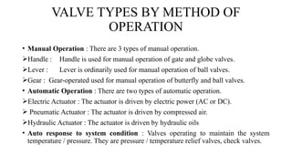 VALVE TYPES BY METHOD OF
OPERATION
• Manual Operation : There are 3 types of manual operation.
Handle : Handle is used for manual operation of gate and globe valves.
Lever : Lever is ordinarily used for manual operation of ball valves.
Gear : Gear-operated used for manual operation of butterfly and ball valves.
• Automatic Operation : There are two types of automatic operation.
Electric Actuator : The actuator is driven by electric power (AC or DC).
 Pneumatic Actuator : The actuator is driven by compressed air.
Hydraulic Actuator : The actuator is driven by hydraulic oils
• Auto response to system condition : Valves operating to maintain the system
temperature / pressure. They are pressure / temperature relief valves, check valves.
 