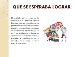 El resultado que se busca en los
estudiantes es la formación tanto en
Literatura como en Lingüística, ya que
permite a los estudiosos de las dos áreas,
una mejor comprensión de los procesos
de elaboración de significación, ya sea
en el uso cotidiano de la lengua con
diversos fines, así como en el proceso de
recreación y transformación de la
realidad en valores estético-sociales a
través de la literatura
QUE SE ESPERABA LOGRAR
 