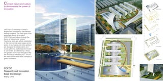 172
中粮研发创新基地概念规划设计
COFCO Research & Innovation Base Conceptual Design
设计概念 Design Concept
自然�源� ����。体现���生命与��的中粮是�园区设计的��。
生命是���生命是一个故事。一个有���层面�������一个�间和空间��和发�的
故事。
中粮的故事是一个代表天，地，生命，人的故事。其中，
生命——�特的作物景观�园区特色��一新
中粮的作物�以�������中�景观区�以��表达�����个园区。����的��和
���作物地���动�和活力。主要作物景观为��，其春夏�绿，秋���。�外，��高
大的���和���人的�����被巧妙��以����动�。����中����文化�物
�南面��林荫大道，�物作物体�园��作��研�和��。
天�地——自然，��的��
�过��设计来��植被，高大的�绿树�设��园区�北�以������。��园区的��
主步道以枫树遮荫体现秋的主题，沿路有春花的桃林，夏花的合欢及秋天的核桃树。
场地雨水和屋顶雨水主要由一条连接南北的雨水花园收集，过滤后作为镜面池的主要水体来源。
雨水花园中�植特有的�水�植物，其�作为园区绿色生���的���一。
人——中粮人的团结和��
建筑特色表达了集团的文化和特色。建筑内部大量的共享空间，建筑内部与外部的巧妙过度和结
合以及建筑和建筑�间的���体现中粮人的团�和��力的��。
“Through natural resources to reshape you and me”——COFCO
The main concept of the campus landscape design is to reflect the idea of life and knowledge.
What is life? Life is a story, a story with different layers. Here, the story of COFCO is sky, land,
life and people.
Layer I:
Life——Unique agriculture landscape
COFCO food crop will be artfully played and installed in the main central green space. The same
language will also be used throughout the site. The layout shows the energetic and full of life. The
main crop vegetation will be wheat, which is green in spring and summer, gold in fall and winter.
Other than wheat, tall and dense corn and sunflower will also be used to add vertical movement.
A mixed food vegetation garden south of the exchange center and museum will be installed for
visitors to experience.
Layer II:
Sky and Land——Nature, the place we come from
All plants have been deliberated designed and arranged. Large tall evergreen trees will be set
at the northeast corner of the campus to block the winter wind. Maple trees will be planted along
the arc path throughout the campus to show the fall color. Along the edge of campus, there will
be spring flowers of peach trees, and summer flowers of mimosa and pecan in the fall. (Seasonal
landscape) v
Stormwater and roof rain water will be collected and infiltrated by the rain garden which runs north
south throughout the site. The filtrated clean water will be the major water resource for the reflec-
tion pool. It will be one of the “green” examples the campus exhibits to the public.
Layer III:
People——culture, collaboration and sharing knowledge
Lots of shared space in the building for collaborated performance. Indoor and outdoor transition
and connection between buildings. An outdoor plaza and path makes the whole site very well
connected both inside and out.
景观层次图表 Landscape Layer Diagram
中粮研发创新基地概念规划设计
COFCO Research & Innovation Base Conceptual Design
����
Stone Bench
天窗
Skylight
生态洼地
Bioswale
室外
平台
Balcony
雨水花园
Rain Garden
温室
Greenho
步行道
Pedestrian Path
COFCO
Research and Innovation
Base Site Design
Beijing, China
natural vegetation
sustainable campus
Campus Site Plan
water
agriculture
high performance
research building
connection and
interaction
Connect nature and culture
to demonstrate the power of
innovation
The COFCO company is China’s
largest food processing, manufacture,
trading company. The main goal of the
landscape design is to reflect
COFCO’s brand values through the
theme of ‘nature’ and ‘culture.’
Food crop fields are artfully celebrated
in the main central green space and a
series of courtyards and entry gardens
are designed for collaboration and
social gathering. Collected stormwater
is connected and filtered by a linear
rain garden which runs throughout the
site and into a reflection pool - one of
the many showcases of the company’s
green innovation.
 