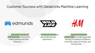 “... improved accuracy of
vehicle pricing, automated
model updates and their
frequency ...”
“... increased revenue by
personalizing user
experience ...”
“... improved developer
productivity by enabling parallel
training of models for different
countries, types of articles, and
time periods ...”
Customer Success with Databricks Machine Learning
 