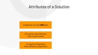 Attributes of a Solution
AI depends on Code AND Data
AI requires many different
roles to get involved
AI requires integrating
many different components
 