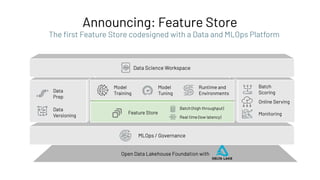 Open Data Lakehouse Foundation with
MLOps / Governance
Data
Prep
Data
Versioning
Model
Training
Model
Tuning
Runtime and
Environments
Monitoring
Batch
Scoring
Online Serving
Data Science Workspace
Feature Store
Batch (high throughput)
Real time (low latency)
Announcing: Feature Store
The ﬁrst Feature Store codesigned with a Data and MLOps Platform
 