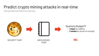 Predict crypto mining attacks in real-time
Using Databricks Machine Learning
DATA SCIENCE
TEAM
NO.
SECURITY TEAM
Quarterly Budget??
▪ 2 days for viability
▪ 2 weeks for proof-of-concept
 