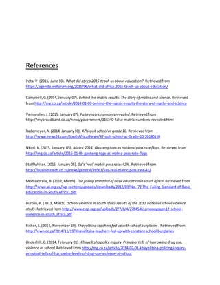 References
Pota,V. (2015, June 10). Whatdid africa 2015 teach usabouteducation?.Retrievedfrom
https://agenda.weforum.org/2015/06/what-did-africa-2015-teach-us-about-education/
Campbell,G.(2014, January 07). Behind the matric results: The story of mathsand science.Retrieved
fromhttp://mg.co.za/article/2014-01-07-behind-the-matric-results-the-story-of-maths-and-science
Vermeulen,J.(2015, January07). False matric numbersrevealed.Retrievedfrom
http://mybroadband.co.za/news/government/116340-false-matric-numbers-revealed.html
Rademeyer,A.(2014, January10). 47% quit schoolat grade10. Retrievedfrom
http://www.news24.com/SouthAfrica/News/47-quit-school-at-Grade-10-20140110
Nkosi,B.(2015, January 05). Matric 2014: Gauteng topsasnationalpassrate flops.Retrievedfrom
http://mg.co.za/article/2015-01-05-gauteng-tops-as-matric-pass-rate-flops
Staff Writer.(2015, January05). Sa’s‘real’matric passrate: 42%. Retrievedfrom
http://businesstech.co.za/news/general/76561/sas-real-matric-pass-rate-41/
Modisaotsile,B.(2012, March). The failing standard of basiceducation in south africa.Retrievedfrom
http://www.ai.org.za/wp-content/uploads/downloads/2012/03/No.-72.The-Failing-Standard-of-Basic-
Education-in-South-Africa1.pdf
Burton,P. (2013, March). Schoolviolence in south africa results of the 2012 nationalschoolviolence
study.Retrievedfrom http://www.cjcp.org.za/uploads/2/7/8/4/27845461/monograph12-school-
violence-in-south_africa.pdf
Fisher,S.(2014, November19). Khayelitsha teachersfed up with schoolburglaries . Retrievedfrom
http://ewn.co.za/2014/11/19/Khayelitsha-teachers-fed-up-with-constant-school-burglaries
Underhill,G.(2014, February01). Khayelitsha policeinquiry:Principal tells of harrowing drug use,
violence at school.Retrievedfrom http://mg.co.za/article/2014-02-01-khayelitsha-policing-inquiry-
principal-tells-of-harrowing-levels-of-drug-use-violence-at-school
 