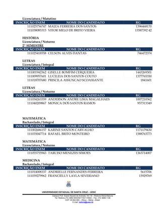 Licenciatura / Matutino
INSCRIÇÃO ENEM              NOME DO CANDIDATO                                              RG
      111025756747 MAIZA FERREIRA DOS SANTOS                                                1396468170
      111038085315 VITOR MELO DE BRITO VIEIRA                                              13587392 42

   HISTÓRIA
   Licenciatura / Noturno
   2º SEMESTRE
INSCRIÇÃO ENEM               NOME DO CANDIDATO                                             RG
       111025418558 CELSON ALVES DANTAS                                                     746472374

   LETRAS
   Licenciatura / Integral
INSCRIÇÃO ENEM               NOME DO CANDIDATO                                             RG
      111001942362 GISELLE BOMFIM CERQUEIRA                                                1443269301
      111009957601 LUCILEIA DOS SANTOS COUTO                                               1377765350
      111018707680 PRISCILA ASSUNCAO SCOASSANTE                                               1841601

   LETRAS
   Licenciatura / Noturno
INSCRIÇÃO ENEM              NOME DO CANDIDATO                                              RG
      111034263359 ANDERSON ANDRE LIMA MAGALHAES                                           1007210362
      111040209867 MONICA DOS SANTOS RAMOS                                                  957313349



   MATEMÁTICA
   Bacharelado / Integral
INSCRIÇÃO ENEM               NOME DO CANDIDATO                                             RG
      111002686157 KARINE SANTOS CARVALHO                                                  1171179430
      111035047714 RAFAEL BRITO MONTEIRO                                                   1588763773

   MATEMÁTICA
   Licenciatura / Noturno
INSCRIÇÃO ENEM              NOME DO CANDIDATO                                              RG
      111055755943 TARCISO MENEZES SIMOES                                                  1363714007

   MEDICINA
   Bacharelado / Integral
INSCRIÇÃO ENEM              NOME DO CANDIDATO                                              RG
      111014008337 ANDRIELLE FERNANDES FERREIRA                                              5615706
      111039279962 FRANCIELLY LAYLA SEVERIANO                                               15929769




             UNIVERSIDADE ESTADUAL DE SANTA CRUZ – UESC
                    Campus Prof. Soane Nazaré de Andrade, Km 16 – Rodovia Ilhéus/Itabuna
                      Tel: Reitoria (73) 3680-5003/5017/5311/5002 – Fax: (73) 3689-1126
                                    CEP: 45.662-900 – Ilhéus – Bahia – Brasil
                                            E-mail: reitoria@uesc.br
 