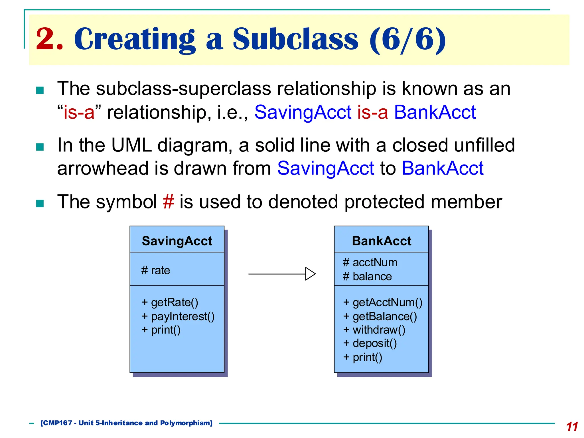 2. Creating a Subclass (6/6)
11
◼ The subclass-superclass relationship is known as an
“is-a” relationship, i.e., SavingAcct is-a BankAcct
◼ In the UML diagram, a solid line with a closed unfilled
arrowhead is drawn from SavingAcct to BankAcct
◼ The symbol # is used to denoted protected member
[501043 Lecture 5: Inheritance]
SavingAcct
# rate
+ getRate()
+ payInterest()
+ print()
BankAcct
# acctNum
# balance
+ getAcctNum()
+ getBalance()
+ withdraw()
+ deposit()
+ print()
[CMP167 - Unit 5-Inheritance and Polymorphism]
 