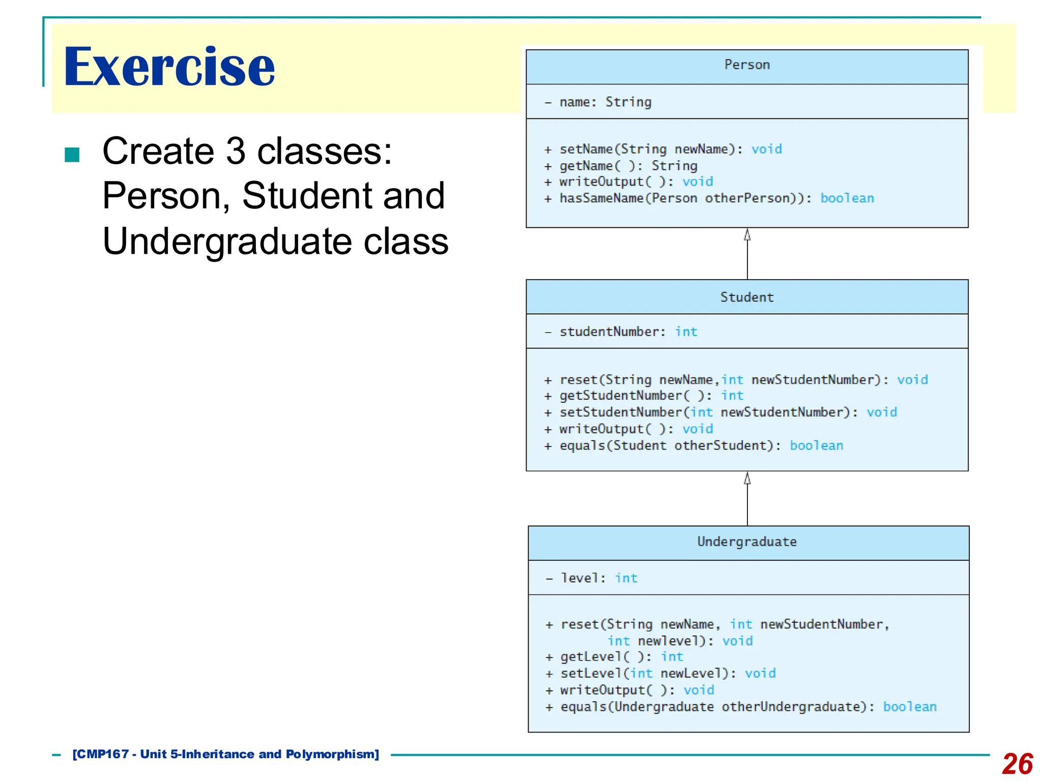 26
◼ Create 3 classes:
Person, Student and
Undergraduate class
[CMP167 - Unit 5-Inheritance and Polymorphism]
Exercise
 