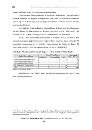 Planejamento urbano para governança das cidades: a situação dos planos diretores dos municípios cearenseses
REVISTA DO SERVIÇO PÚBLICO | Brasília 71 (especial): 84 – 118 Dez. 2020
99
categorias institucionais, em algumas de suas disposições.
Destaca-se que a obrigatoriedade de aprovação do Plano de Desenvolvimento
Urbano Integrado das Regiões Metropolitanas não exime os municípios integrantes
dessas regiões da formulação dos seus respectivos Planos Diretores, os quais deverão
estar compatibilizados.
No Estado do Ceará, as Regiões Metropolitanas do Cariri e de Sobral possuem
os seus Planos de Desenvolvimento Urbano Integrados (PDUIs) efetivados12
. No
entanto, o PDUI da Região Metropolitana de Fortaleza ainda não foi iniciado.
Assim, como mencionado anteriormente, a existência ou não dos PDUIs não
exime os municípios de prepararem seus próprios Planos Diretores. Dessa forma, dos 46
municípios pertencentes às três Regiões Metropolitanas do Estado do Ceará, 30
municípios possuem Plano Diretor promulgado, ou seja, 65% (Tabela 2).
Tabela 2 – Municípios cearenses em Regiões Metropolitanas x Plano Diretor
Região Metropolitana
Possui Plano Diretor Não possui
Plano Diretor
Atualizado Desatualizado Total
Região Metropolitana de Fortaleza 8 10 18 1
Região Metropolitana do Cariri 1 6 7 2
Região Metropolitana de Sobral 1 4 5 13
Fora das Regiões Metropolitanas 28 38 66 72
Total 38 58 96 88
Fonte: IBGE (2019a, 2019b).
As informações da Tabela 2 foram distribuídas espacialmente na Figura 2 para
uma melhor compreensão.
12
Os Planos de Desenvolvimento Urbano Integrado das Regiões Metropolitanas do Cariri e de Sobral
foram desenvolvidos pela Secretaria das Cidades do Estado do Ceará em parceria com as prefeituras
municipais de cada região.
 