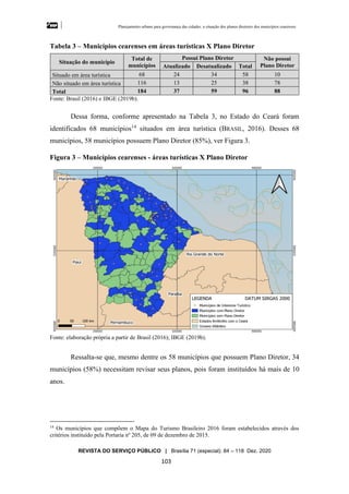 Planejamento urbano para governança das cidades: a situação dos planos diretores dos municípios cearenseses
REVISTA DO SERVIÇO PÚBLICO | Brasília 71 (especial): 84 – 118 Dez. 2020
103
Tabela 3 – Municípios cearenses em áreas turísticas X Plano Diretor
Situação do município
Total de
municípios
Possui Plano Diretor Não possui
Plano Diretor
Atualizado Desatualizado Total
Situado em área turística 68 24 34 58 10
Não situado em área turística 116 13 25 38 78
Total 184 37 59 96 88
Fonte: Brasil (2016) e IBGE (2019b).
Dessa forma, conforme apresentado na Tabela 3, no Estado do Ceará foram
identificados 68 municípios14
situados em área turística (BRASIL, 2016). Desses 68
municípios, 58 municípios possuem Plano Diretor (85%), ver Figura 3.
Figura 3 – Municípios cearenses - áreas turísticas X Plano Diretor
Fonte: elaboração própria a partir de Brasil (2016); IBGE (2019b).
Ressalta-se que, mesmo dentre os 58 municípios que possuem Plano Diretor, 34
municípios (58%) necessitam revisar seus planos, pois foram instituídos há mais de 10
anos.
14
Os municípios que compõem o Mapa do Turismo Brasileiro 2016 foram estabelecidos através dos
critérios instituído pela Portaria nº 205, de 09 de dezembro de 2015.
 