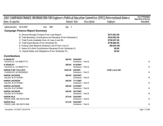 2007 CAMPAIGN FINANCE INFORMATION FOR Engineers Political Education Committee (EPEC)/International Union o City of Philadelphia 
Department of Records 
Name, Occupation Amount Date Description Employer Amended 
Submission Date: 10/31/2007 Year: 2007 Cyle: 5 
$215,923.90 
$534,083.00 
$750,007.00 
$758,860.00 
($8,853.00) 
$0.00 
$0.00 
Campaign Finance Report Summary 
A. Amount Brought Forward From Last Report: 
B. Total Monetary Contributions and Receipts (From Schedule I): 
C. Total Funds Available (Sum of Lines A and B): 
D. Total Expenditures (From Schedule III): 
E. Ending Cash Balance (Subtract Line D from Line C): 
F. Value of In-Kind Contributions Received (From Schedule II): 
G. Unpaid Debts and Obligations (From Schedule IV): 
Contributions 
A HEADLEY 
VACAVILLE, CA 956877712 
$40.00 9/20/2007 
Schedule I - Part B N 
A HEADLEY 
VACAVILLE, CA 956877712 
$50.00 6/18/2007 
Schedule I - Part B N 
AARON D MC CULLOCH 
CHANDLER, AZ 852252920 
$452.08 8/8/2007 
Schedule I - Part D 
IUOE Local 428 
N 
AARON JACKSON 
SALEM, IN 471678951 
$50.00 9/20/2007 
Schedule I - Part B N 
AARON JACKSON 
SALEM, IN 471678951 
$40.00 7/11/2007 
Schedule I - Part B N 
AARON JACKSON 
SALEM, IN 471678951 
$50.00 6/18/2007 
Schedule I - Part B N 
AARON JACKSON 
SALEM, IN 471678951 
$40.00 8/27/2007 
Schedule I - Part B N 
AARON ZILA 
PRIOR LAKE, MN 553721908 
$15.40 8/24/2007 
Schedule I - Part B N 
AARON ZILA 
PRIOR LAKE, MN 553721908 
$12.25 9/20/2007 
Schedule I - Part B N 
Generated: 12/7/2007 2:40:26 PM Page 1 of 488 
 