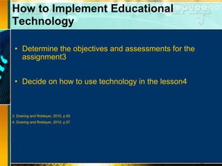 Determine the objectives and assessments for the assignment3 Decide on how to use technology in the lesson4 3. Doering and Robleyer, 2010, p.55 4. Doering and Robleyer, 2010, p.57   How to Implement Educational Technology 