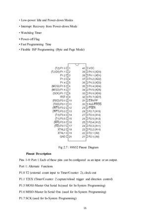 16
• Low-power Idle and Power-down Modes
• Interrupt Recovery from Power-down Mode
• Watchdog Timer
• Power-off Flag
• Fast Programming Time
• Flexible ISP Programming (Byte and Page Mode)
Fig 2.7 : 89S52 Pinout Diagram
Pinout Description
Pins 1-8: Port 1 Each of these pins can be configured as an input or an output.
Port 1: Alternate Functions
P1.0 T2 (external count input to Timer/Counter 2), clock-out
P1.1 T2EX (Timer/Counter 2 capture/reload trigger and direction control)
P1.5 MOSI-Master Out Serial In.(used for In-System Programming)
P1.6 MISO-Master In Serial Out. (used for In-System Programming)
P1.7 SCK (used for In-System Programming)
 